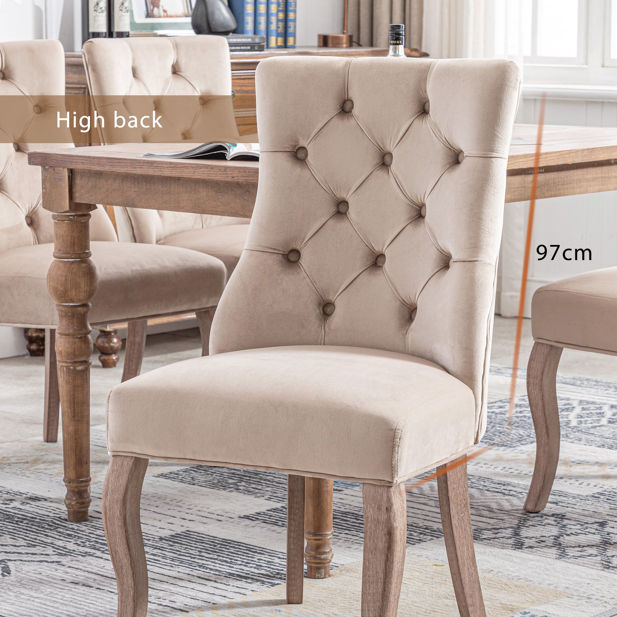 Dining Chair Set of 6 High Back Button Tufted Solid Wood Frame Beige Velvet - Image 7