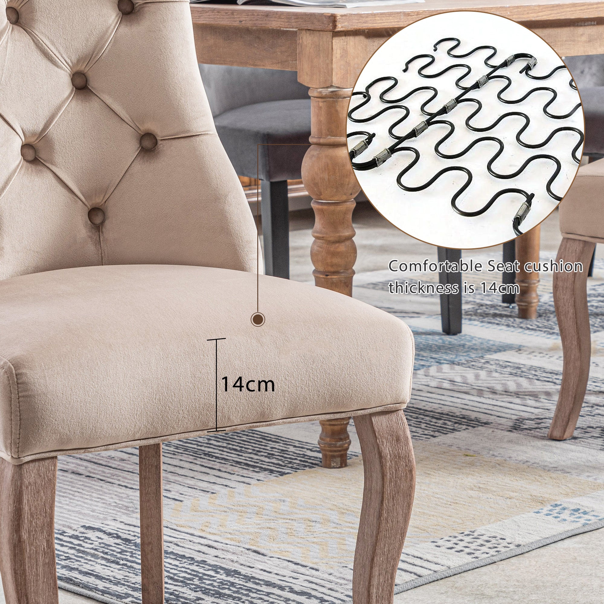 Dining Chair Set of 6 High Back Button Tufted Solid Wood Frame Beige Velvet - Image 9