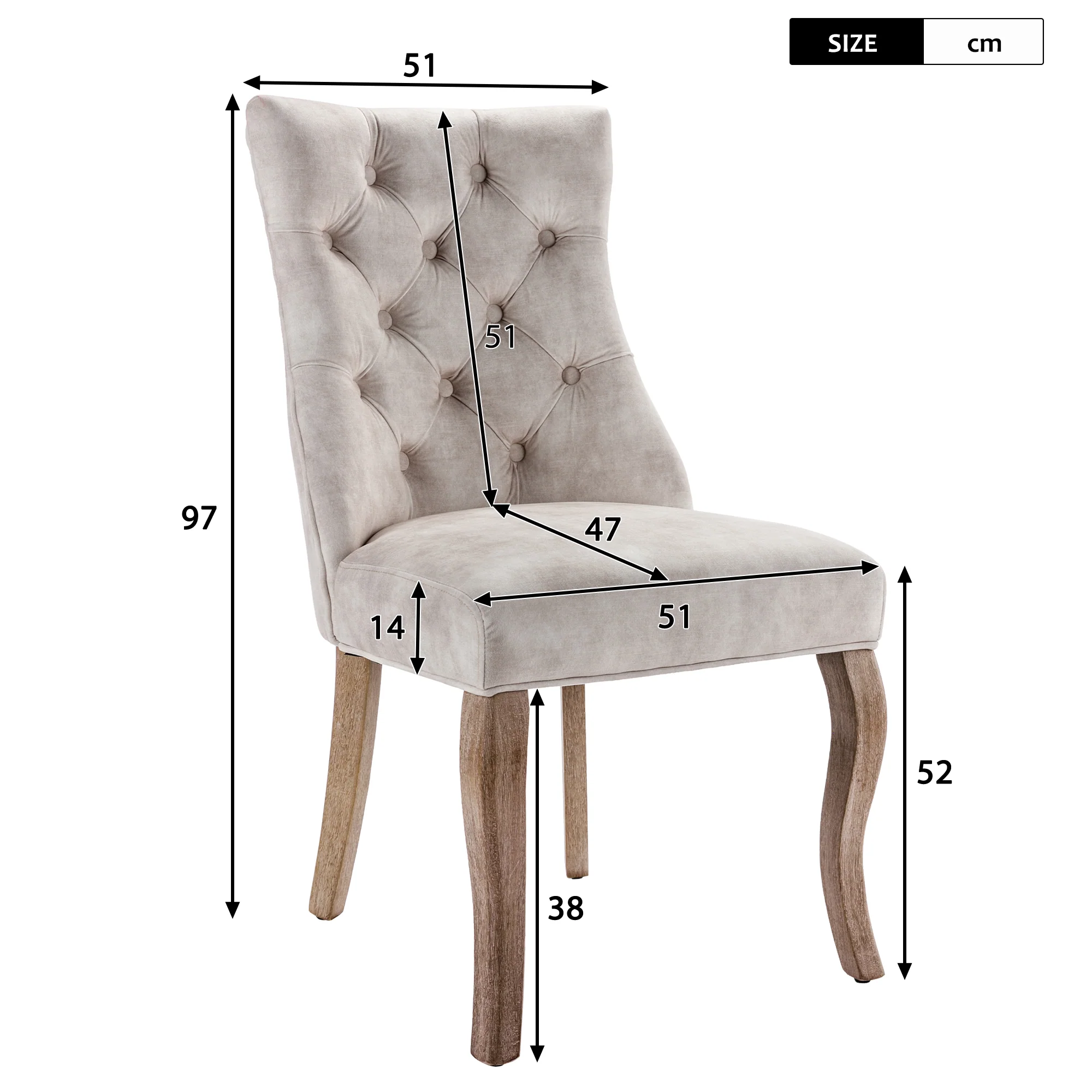 Dining Chair Set of 6 High Backrest Button Tufting Light Beige Velvet Solid Wood - Image 10