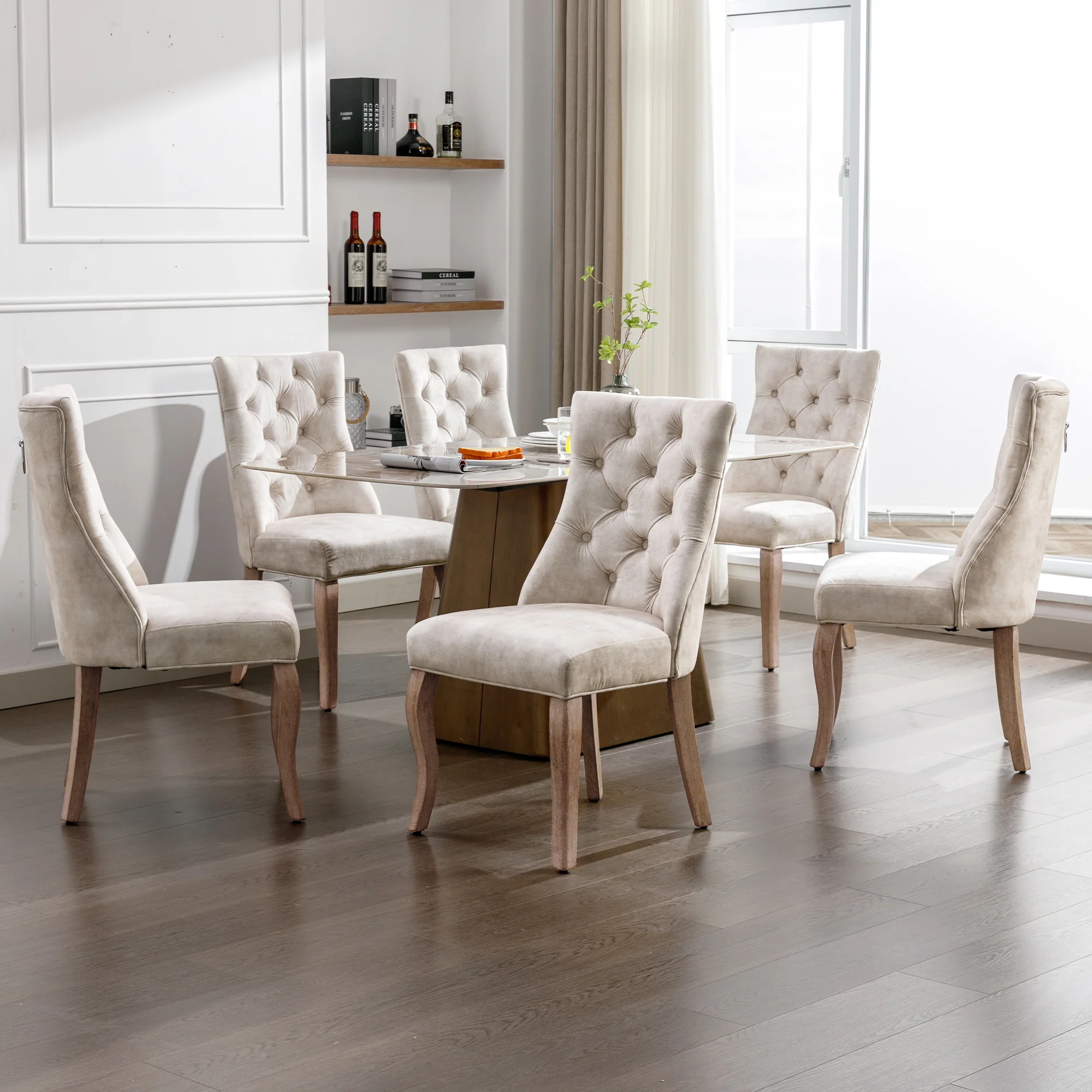 Dining Chair Set of 6 High Backrest Button Tufting Light Beige Velvet Solid Wood - Image 2
