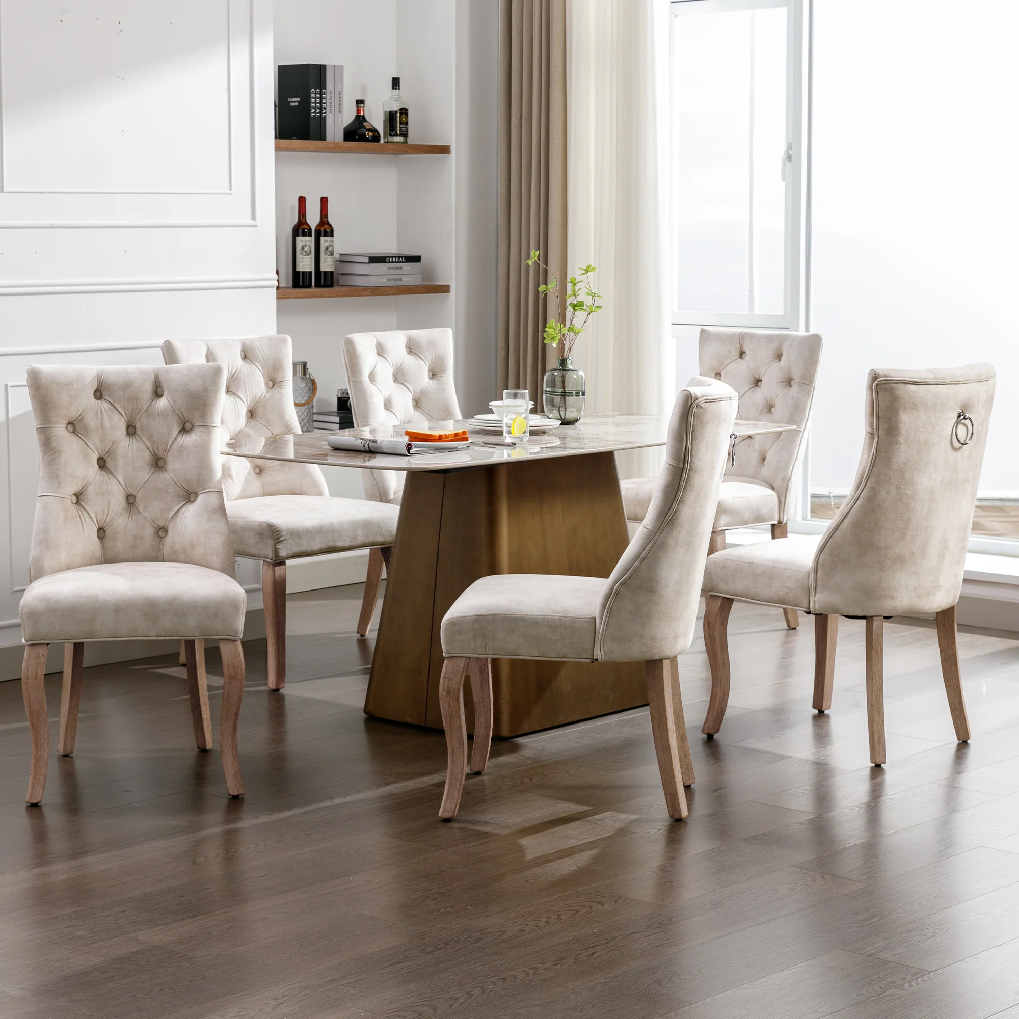 Dining Chair Set of 6 High Backrest Button Tufting Light Beige Velvet Solid Wood - Image 3