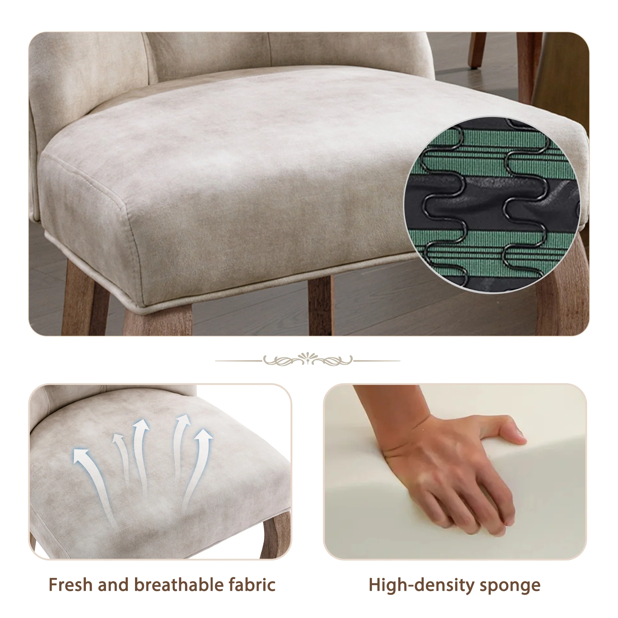 Dining Chair Set of 6 High Backrest Button Tufting Light Beige Velvet Solid Wood - Image 8