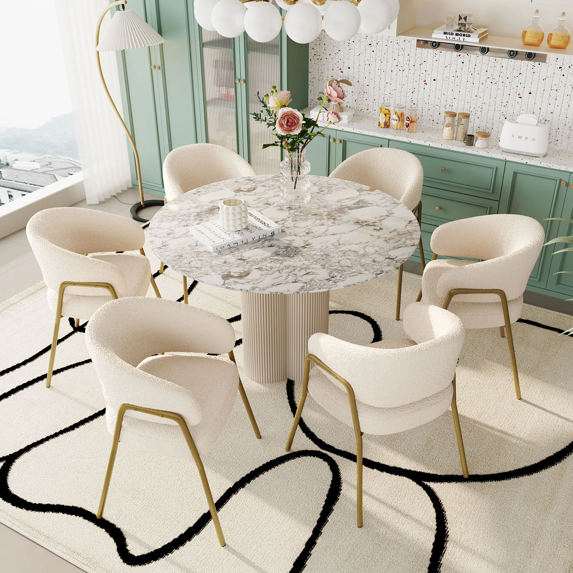 Dining Chair (Set of 6) Modern Lambskin Velvet Upholstered Golden Legs White/Gold - Image 3