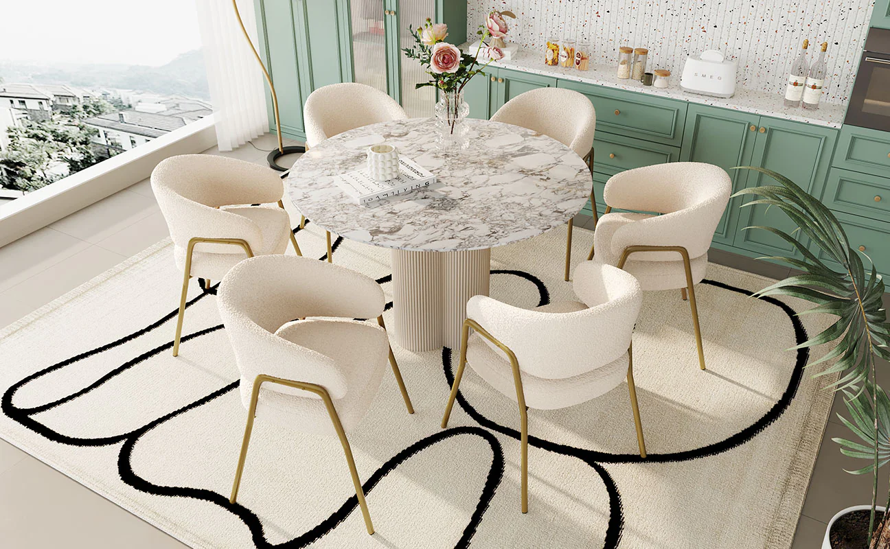 Dining Chair (Set of 6) Modern Lambskin Velvet Upholstered Golden Legs White/Gold - Image 4