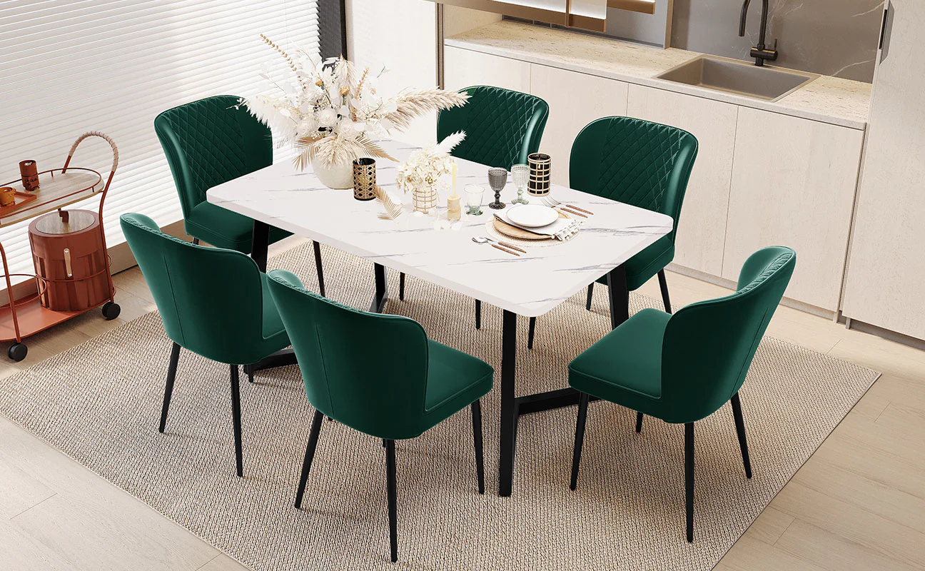 Dining Chair Set of 6 Upholstered Designer Metal Frame Dark Green Velvet - Image 2
