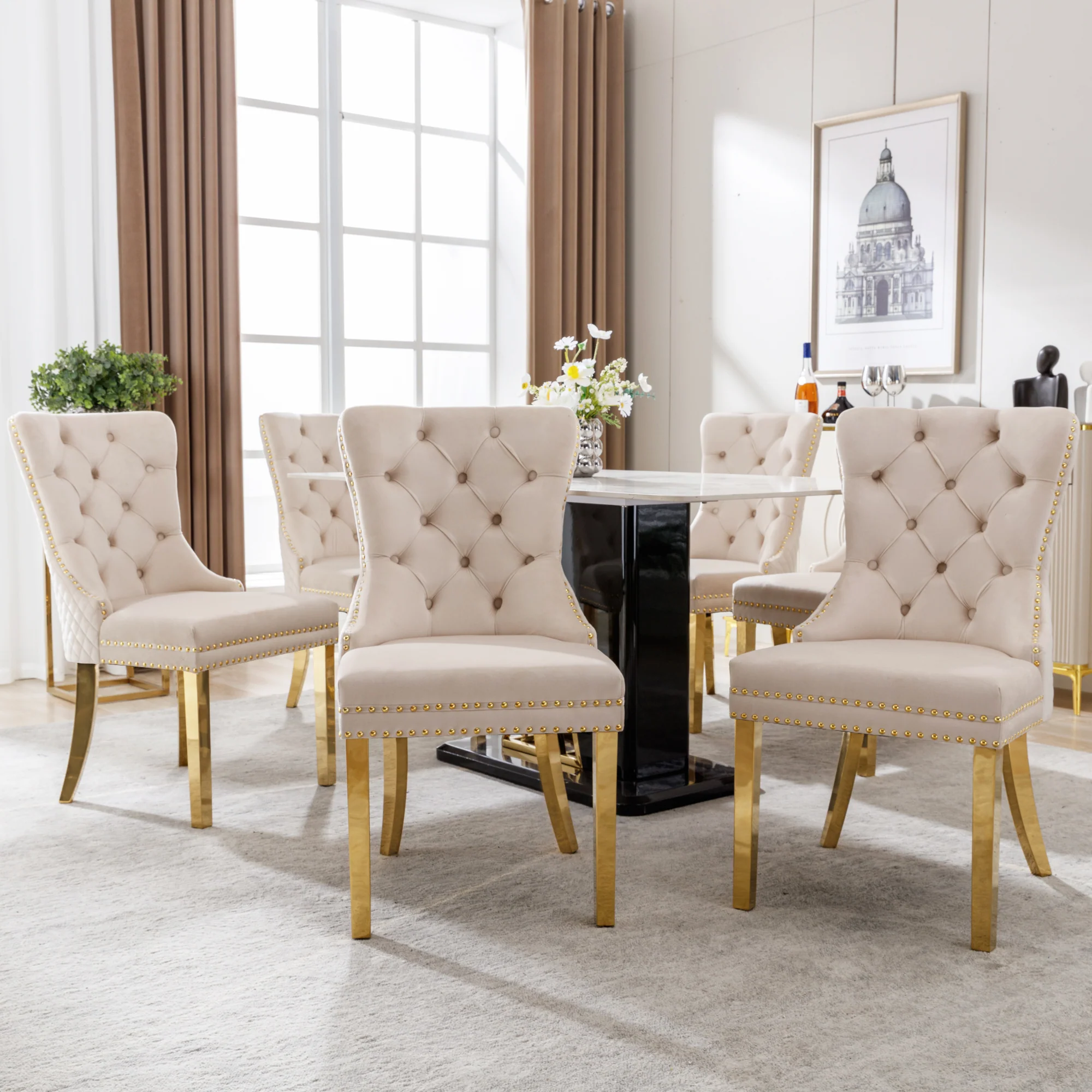 Dining Chair Set of 6 Upholstered Door Knocker Back Gold-Plated Legs Beige Velvet/Gold