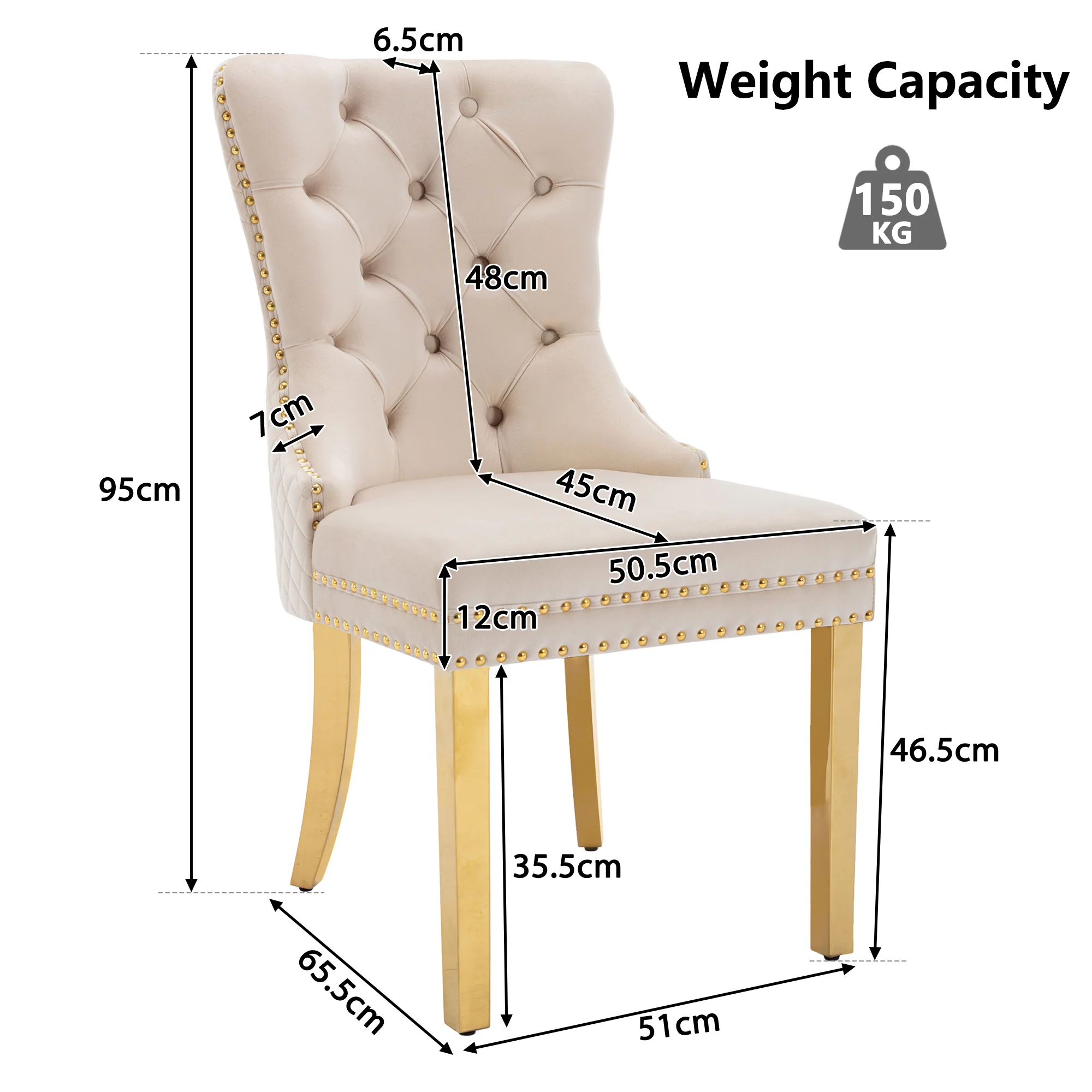 Dining Chair Set of 6 Upholstered Door Knocker Back Gold-Plated Legs Beige Velvet/Gold - Image 10