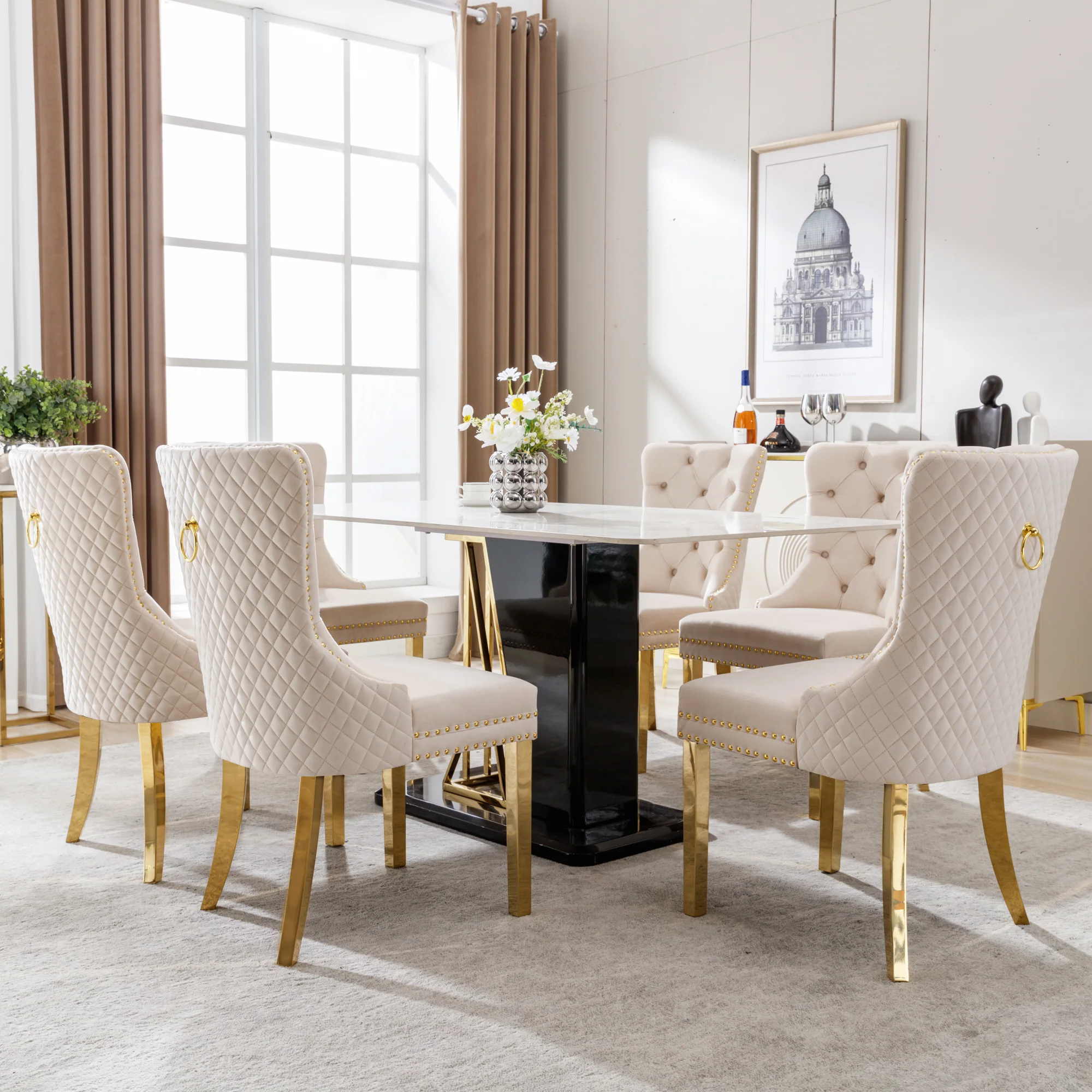 Dining Chair Set of 6 Upholstered Door Knocker Back Gold-Plated Legs Beige Velvet/Gold - Image 2