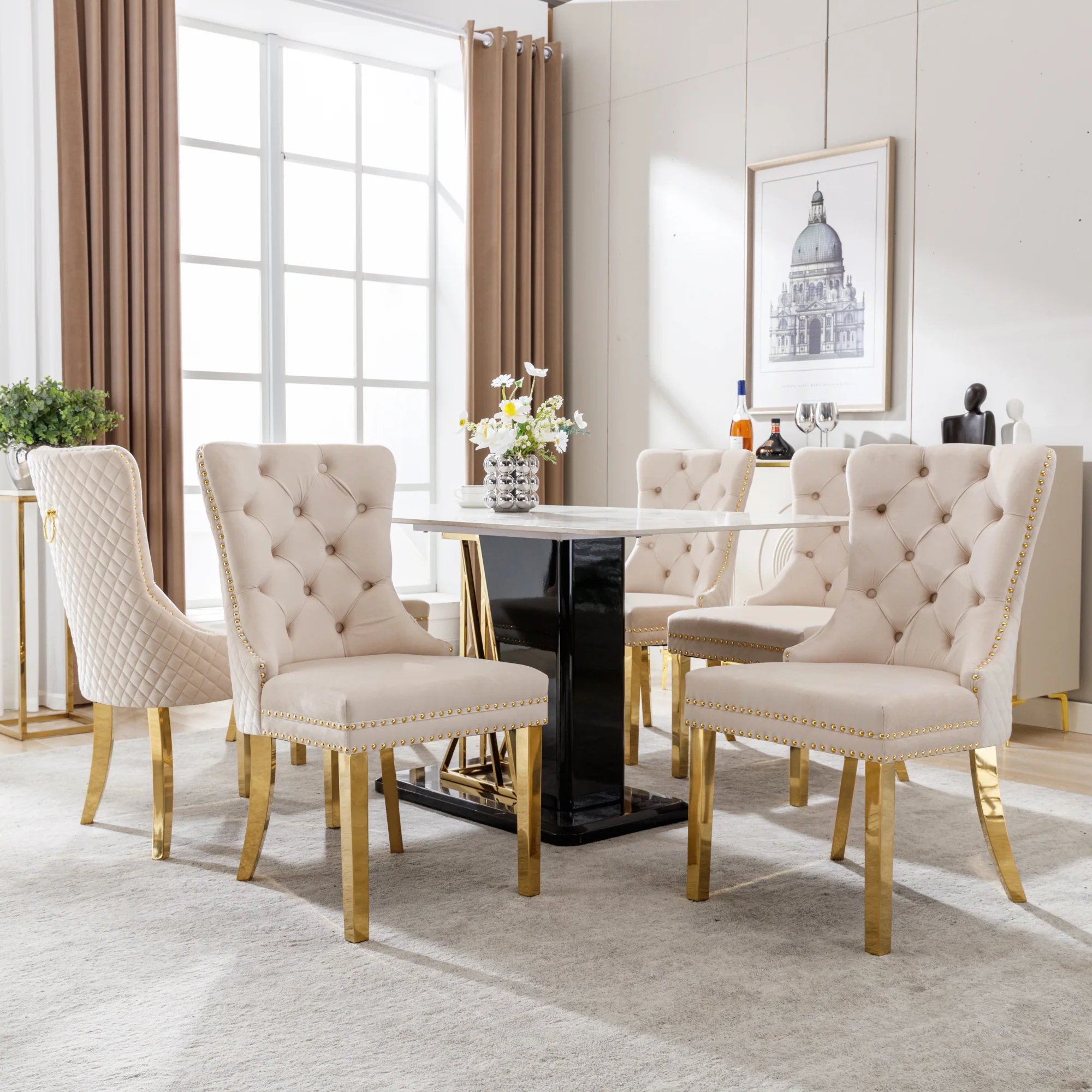 Dining Chair Set of 6 Upholstered Door Knocker Back Gold-Plated Legs Beige Velvet/Gold - Image 3