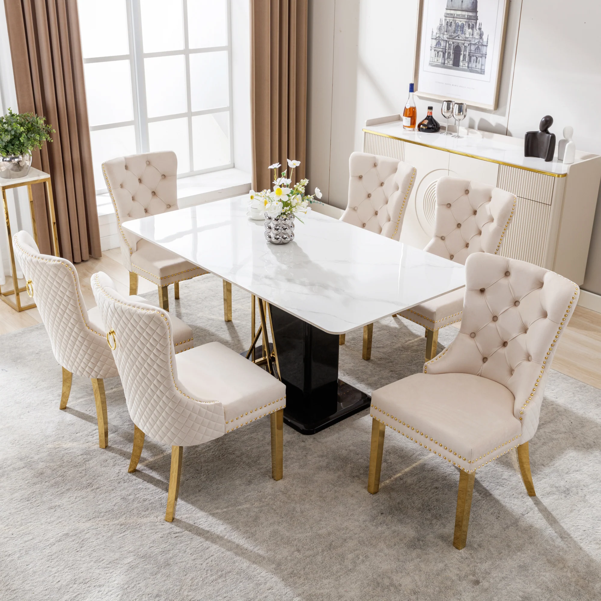 Dining Chair Set of 6 Upholstered Door Knocker Back Gold-Plated Legs Beige Velvet/Gold - Image 4
