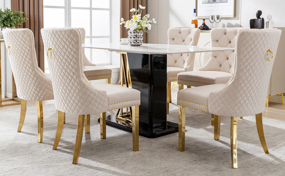 Dining Chair Set of 6 Upholstered Door Knocker Back Gold-Plated Legs Beige Velvet/Gold - Image 5