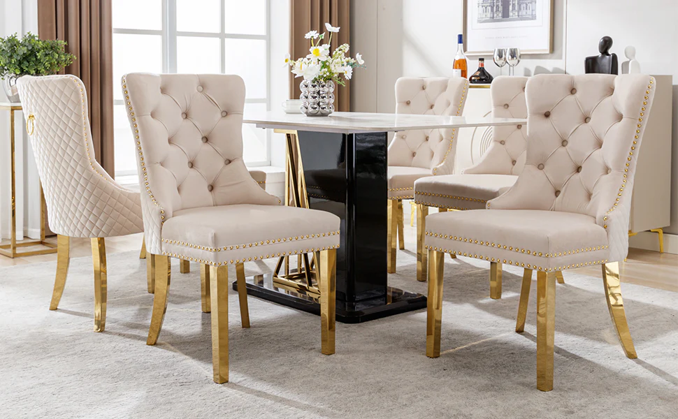 Dining Chair Set of 6 Upholstered Door Knocker Back Gold-Plated Legs Beige Velvet/Gold - Image 6