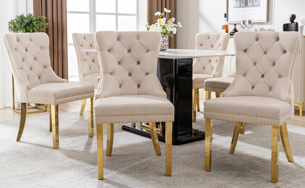 Dining Chair Set of 6 Upholstered Door Knocker Back Gold-Plated Legs Beige Velvet/Gold - Image 7
