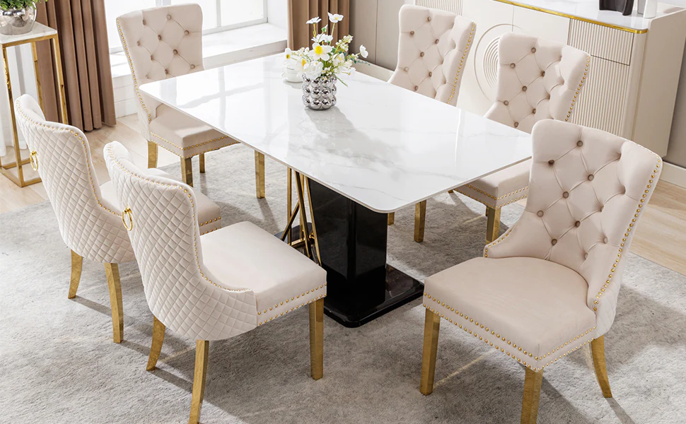 Dining Chair Set of 6 Upholstered Door Knocker Back Gold-Plated Legs Beige Velvet/Gold - Image 8