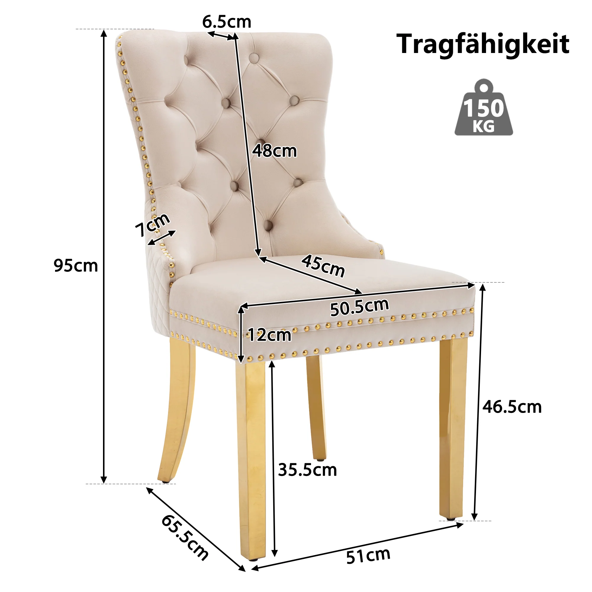 Dining Chair Set of 6 Upholstered Door Knocker Back Gold-Plated Legs Beige Velvet/Gold - Image 9