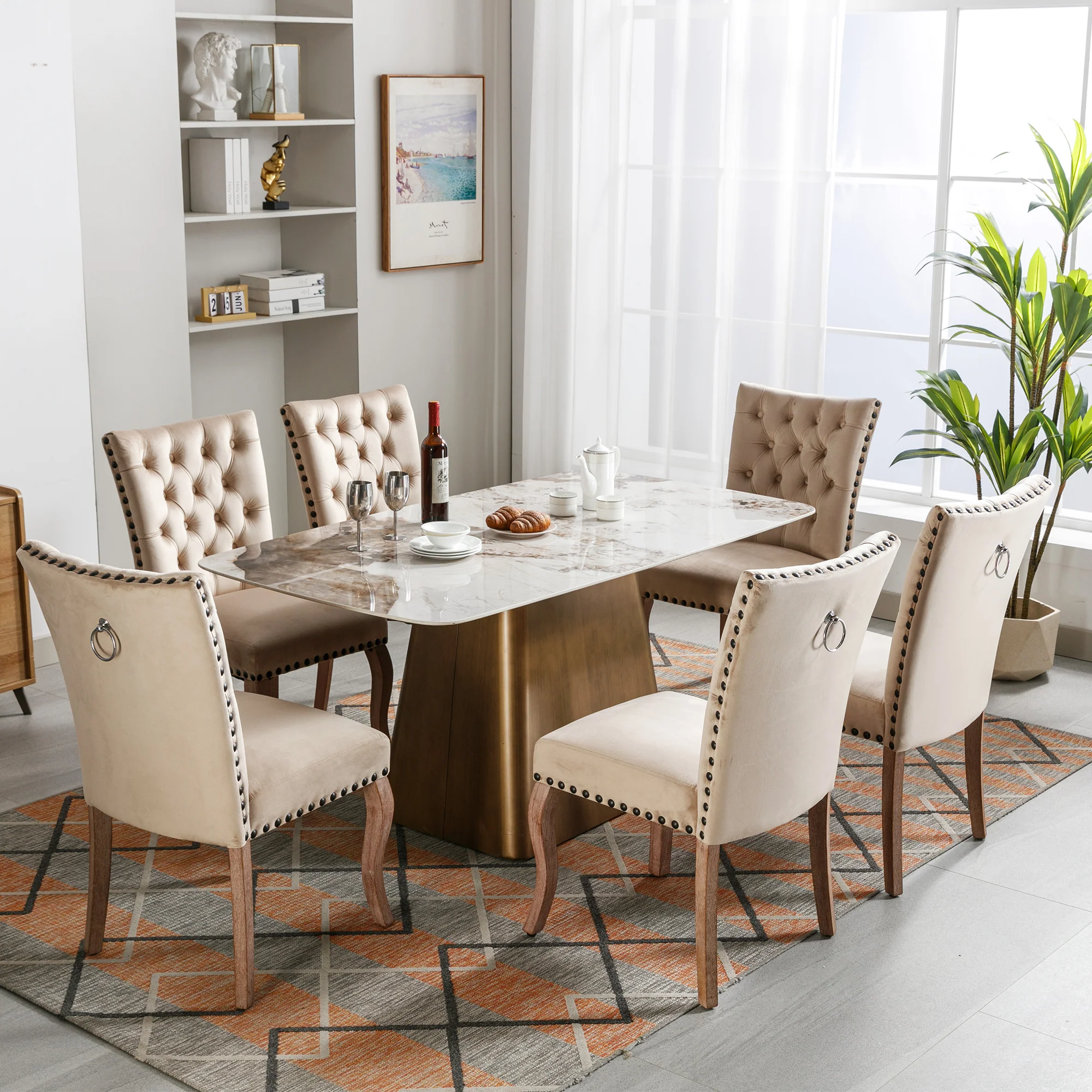 Dining Chair (Set of 6) Upholstered Door Knocker Back Nailhead Trim Solid Wood Legs Light Camel Velvet - Image 5