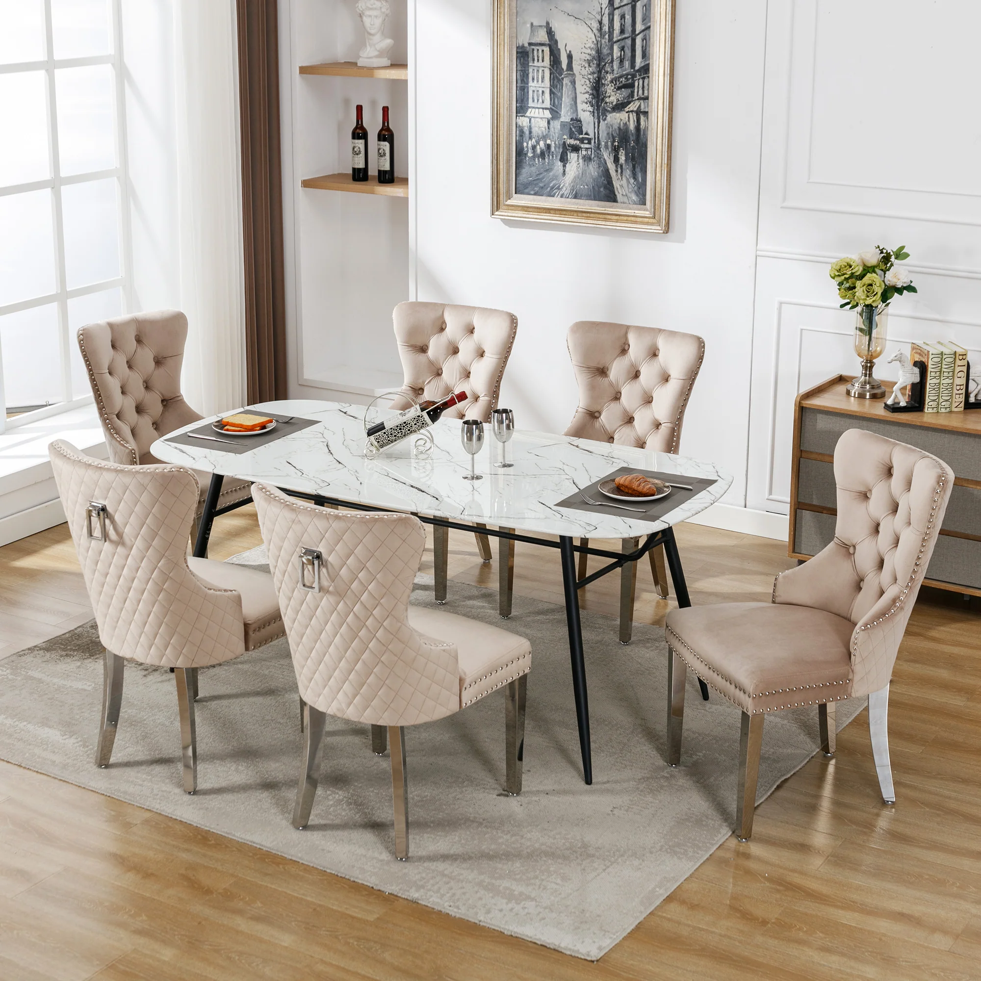 Dining Chair Set of 6 Upholstered Nailhead Trim Door Knocker Back Beige Velvet - Image 4