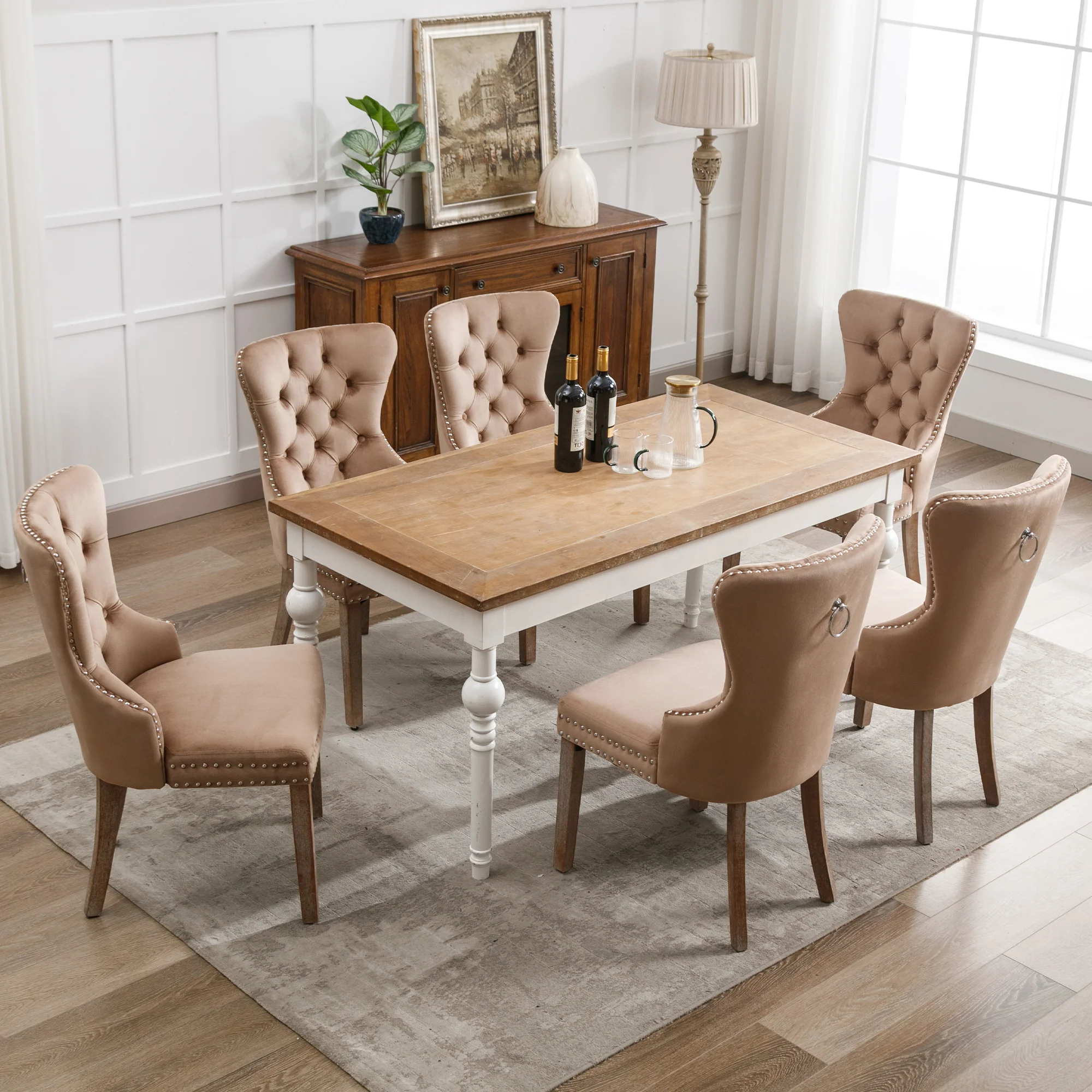 Dining Chair Set of 6 - Upholstered Nailhead Trim Door Knocker Back Solid Wood Legs - Brown Velvet