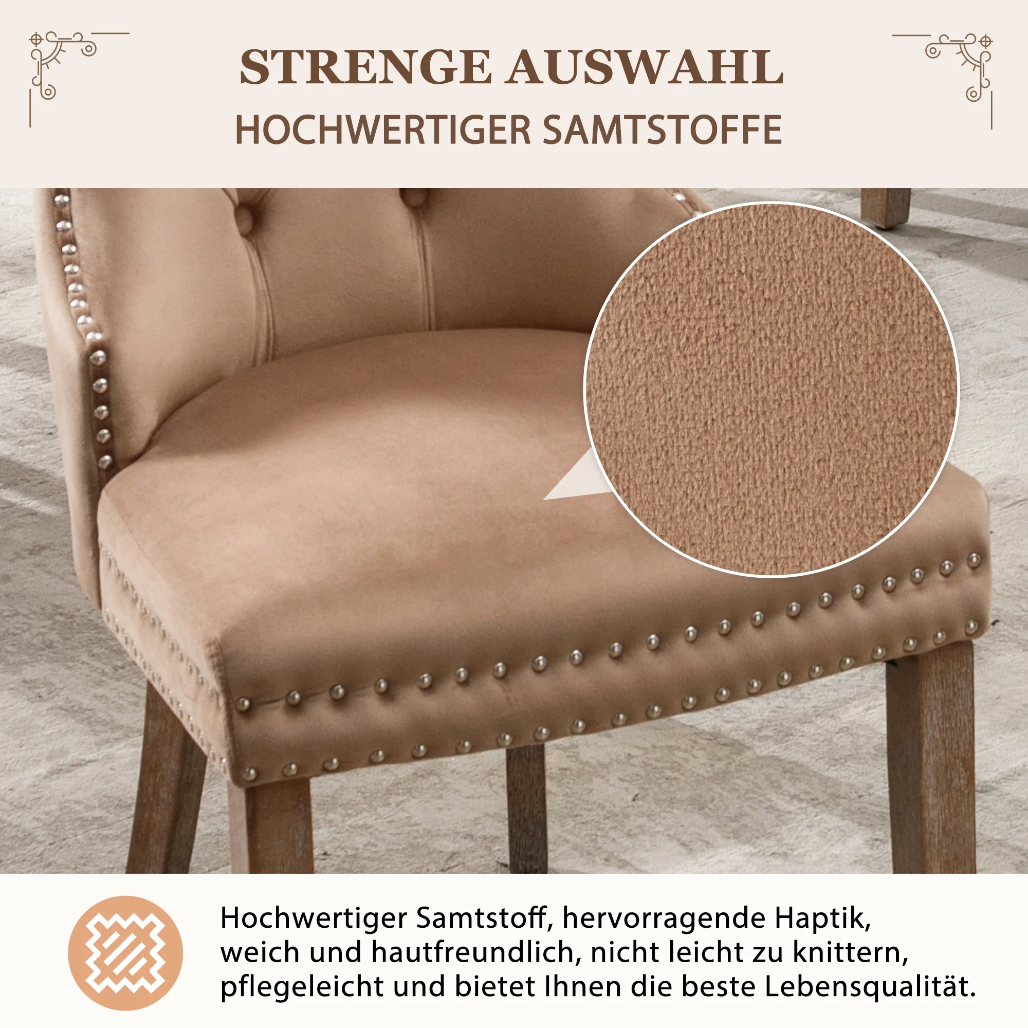 Dining Chair Set of 6 - Upholstered Nailhead Trim Door Knocker Back Solid Wood Legs - Brown Velvet - Image 10