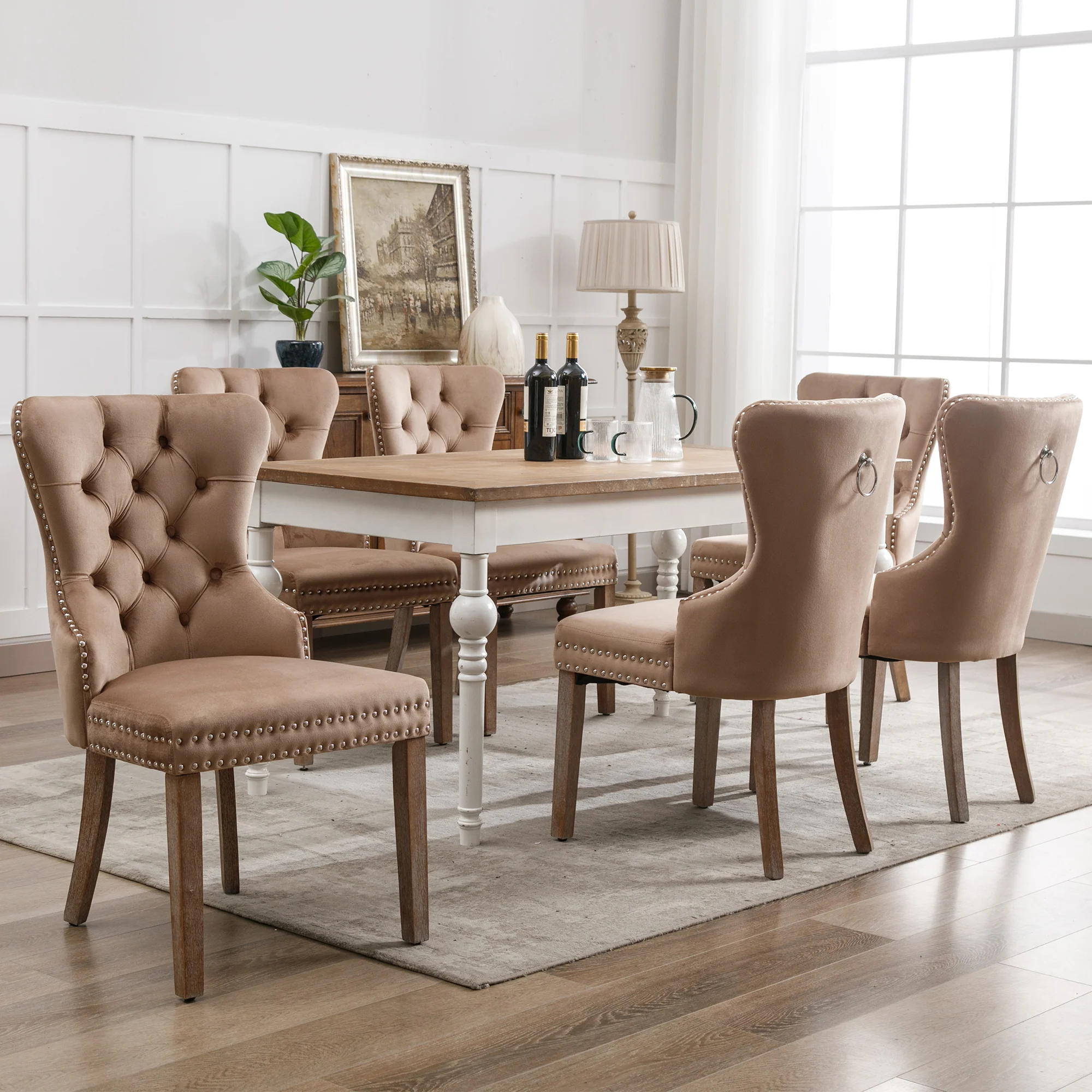 Dining Chair Set of 6 - Upholstered Nailhead Trim Door Knocker Back Solid Wood Legs - Brown Velvet - Image 2