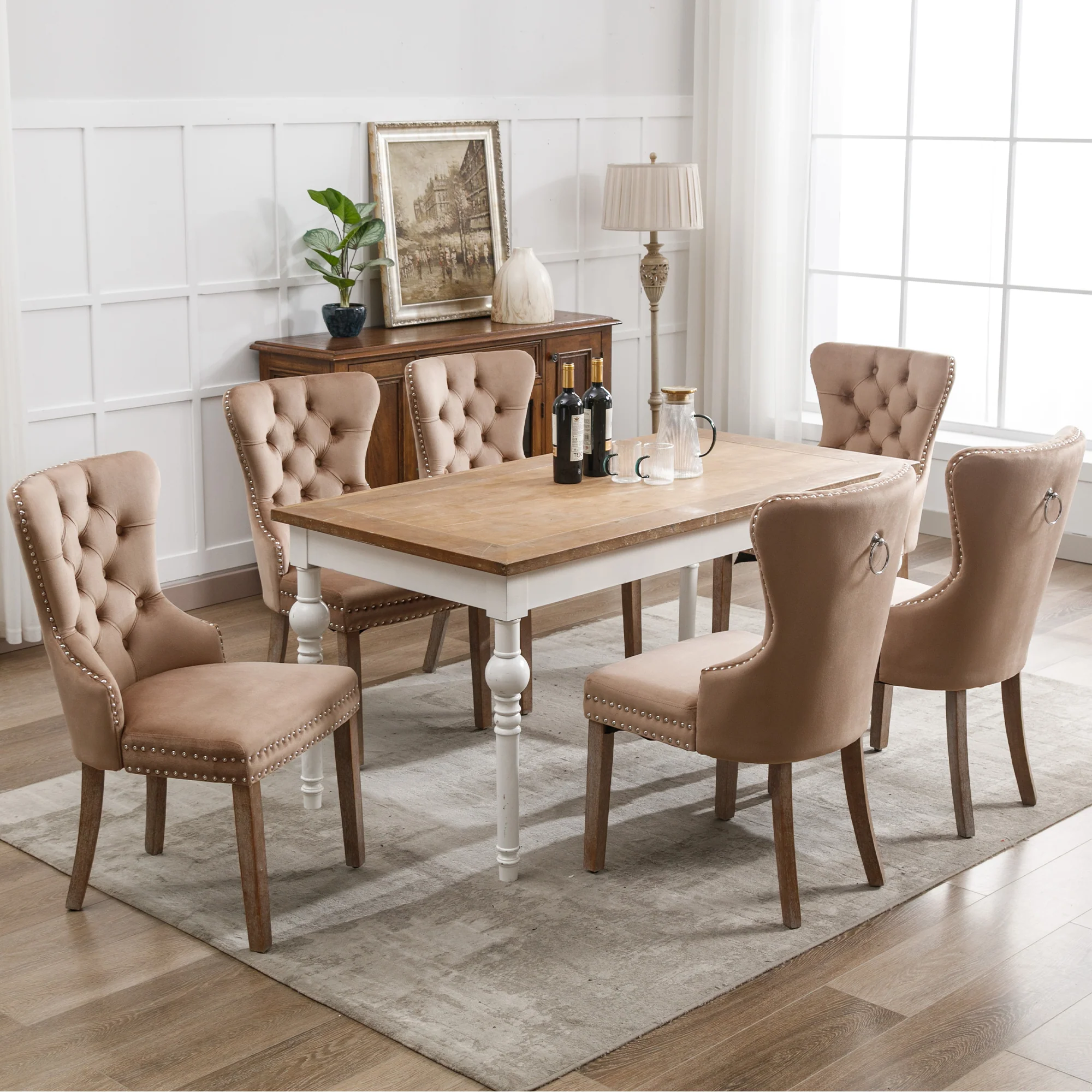 Dining Chair Set of 6 - Upholstered Nailhead Trim Door Knocker Back Solid Wood Legs - Brown Velvet - Image 3