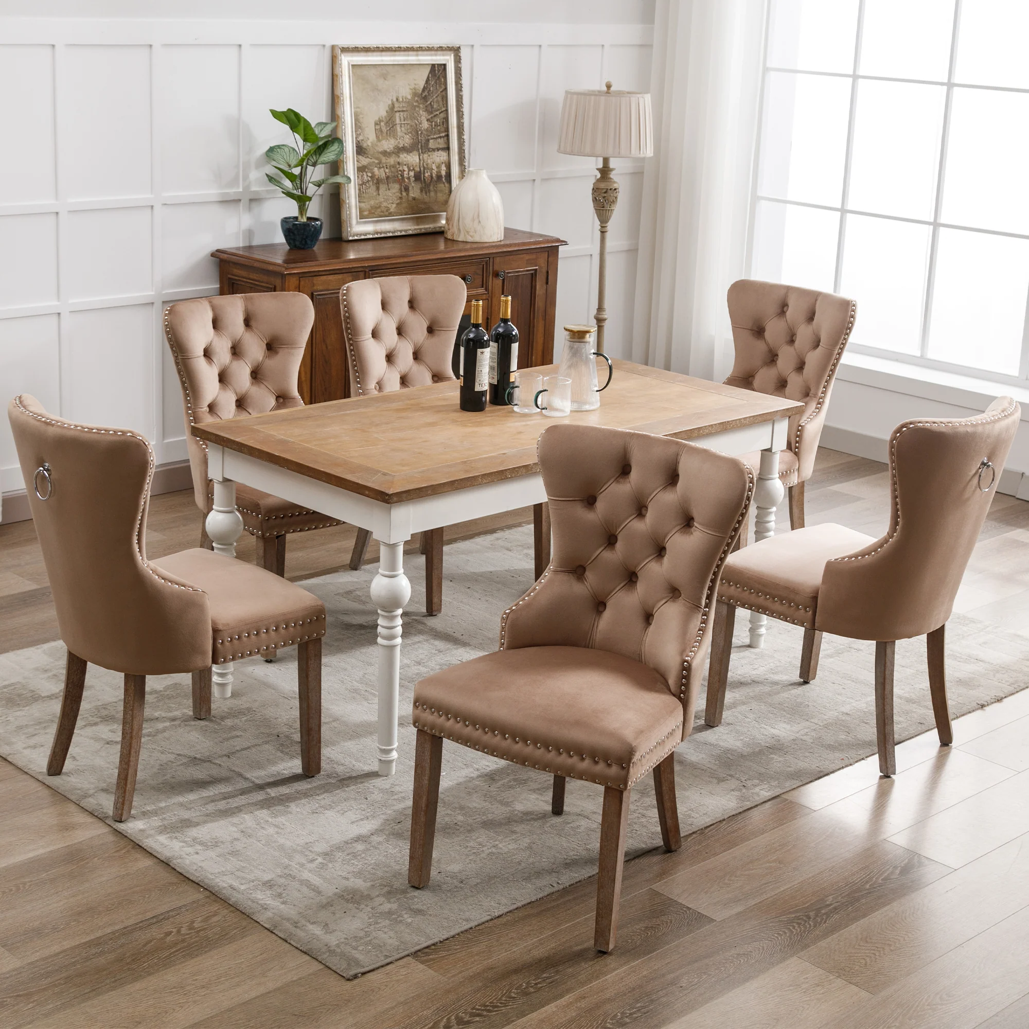 Dining Chair Set of 6 - Upholstered Nailhead Trim Door Knocker Back Solid Wood Legs - Brown Velvet - Image 4