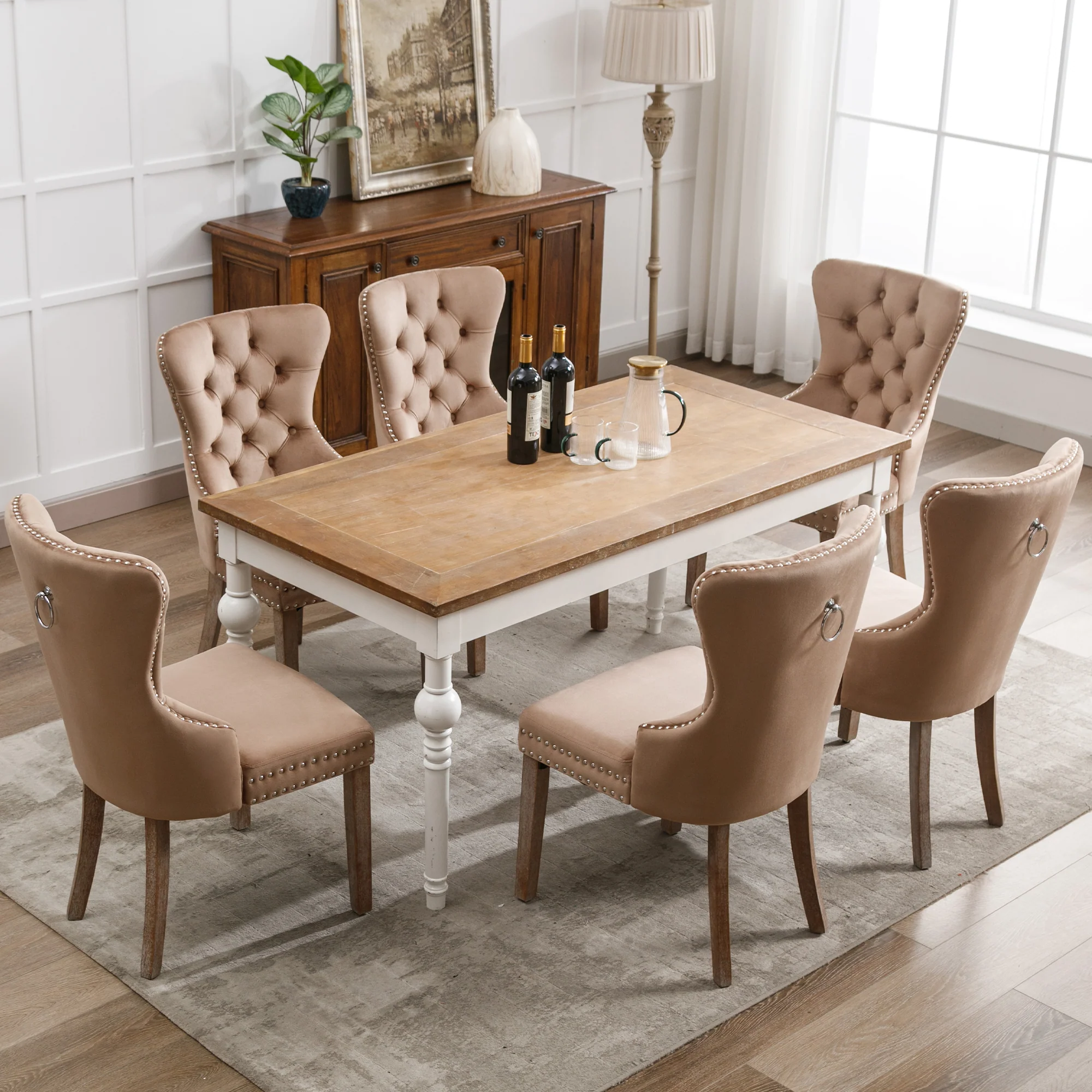 Dining Chair Set of 6 - Upholstered Nailhead Trim Door Knocker Back Solid Wood Legs - Brown Velvet - Image 5