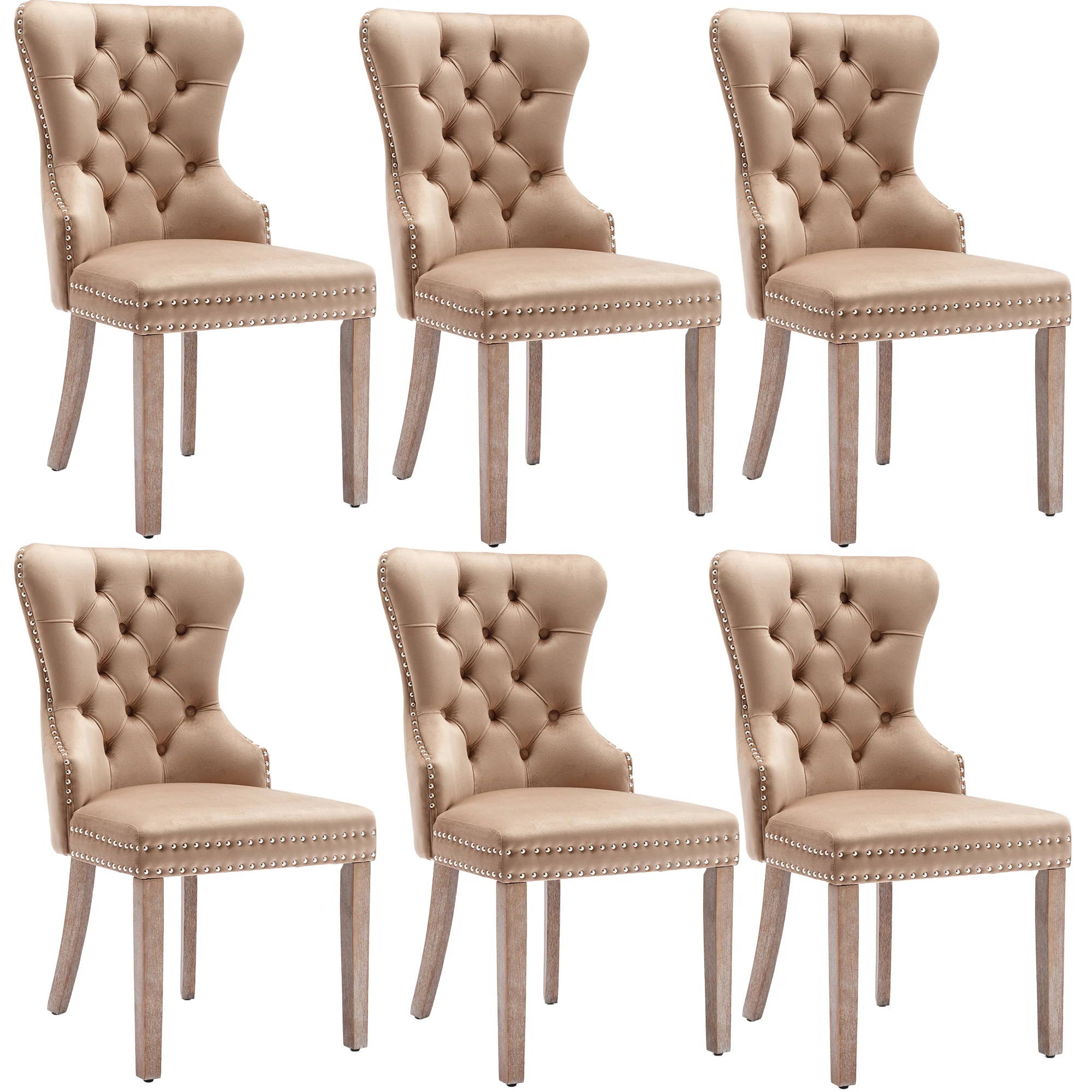 Dining Chair Set of 6 - Upholstered Nailhead Trim Door Knocker Back Solid Wood Legs - Brown Velvet - Image 6