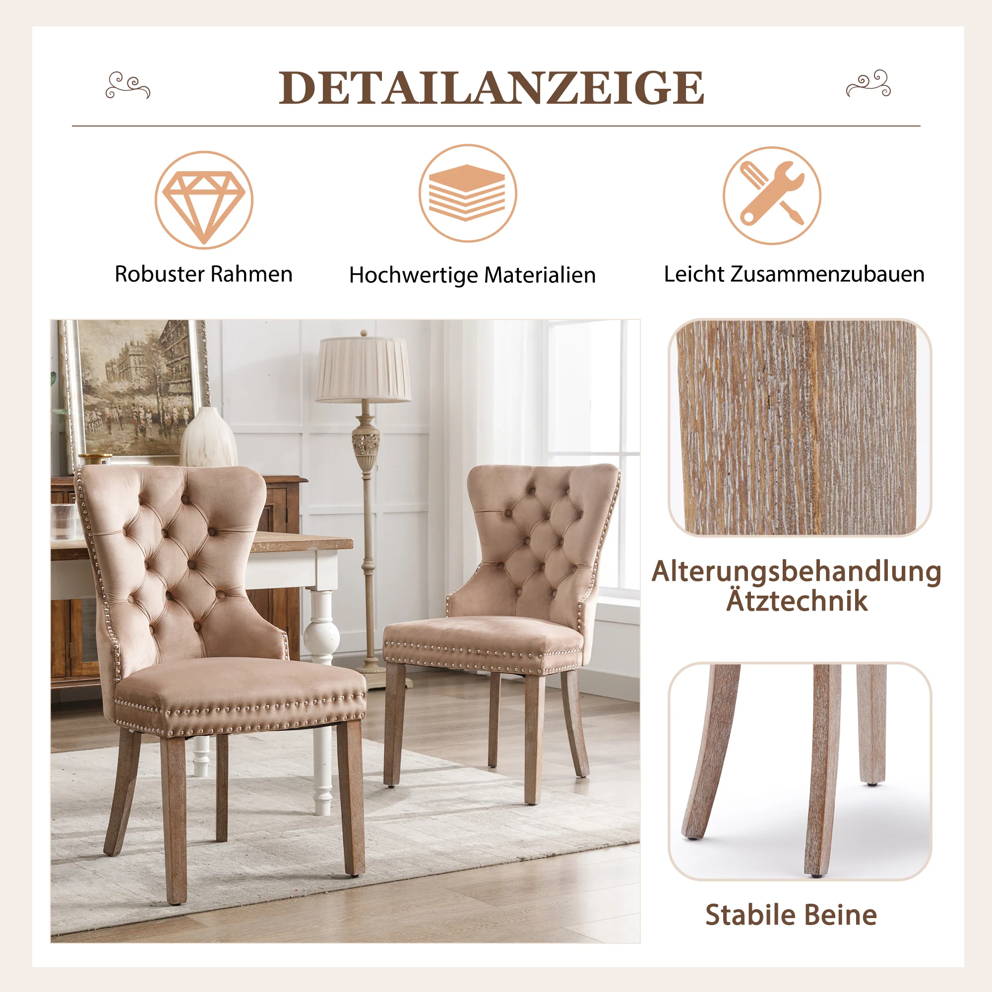Dining Chair Set of 6 - Upholstered Nailhead Trim Door Knocker Back Solid Wood Legs - Brown Velvet - Image 8