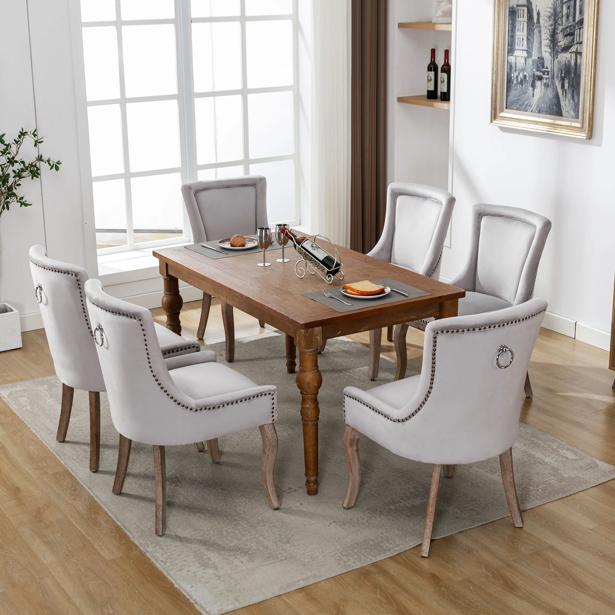 Dining Chair Set of 6 Upholstered Nailhead Trim Solid Wood Legs Grey Velvet