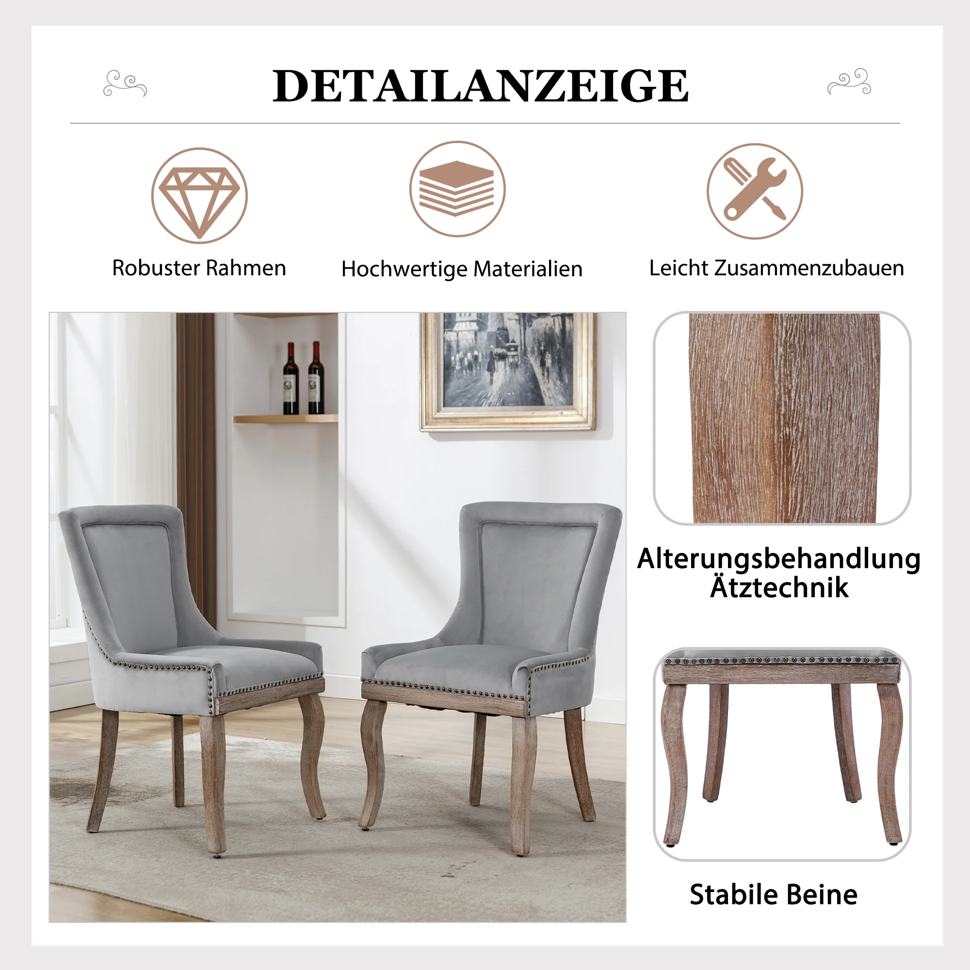 Dining Chair Set of 6 Upholstered Nailhead Trim Solid Wood Legs Grey Velvet - Image 10