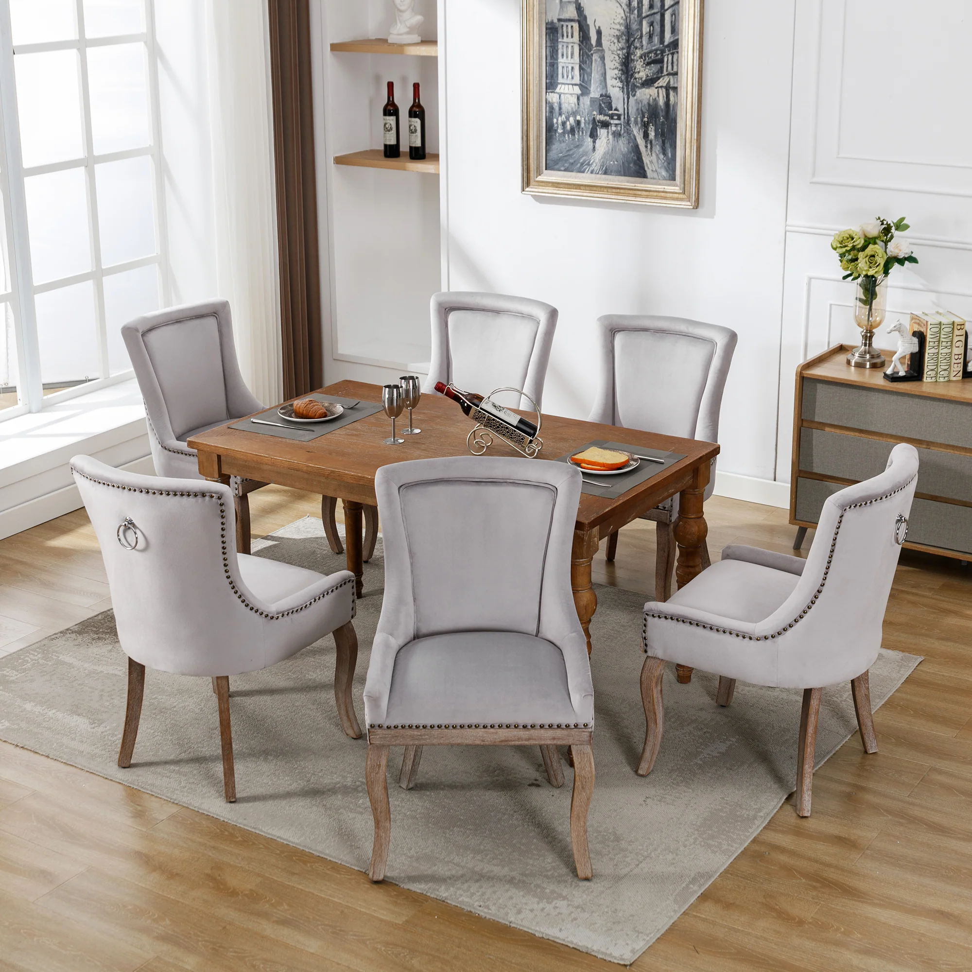 Dining Chair Set of 6 Upholstered Nailhead Trim Solid Wood Legs Grey Velvet - Image 2