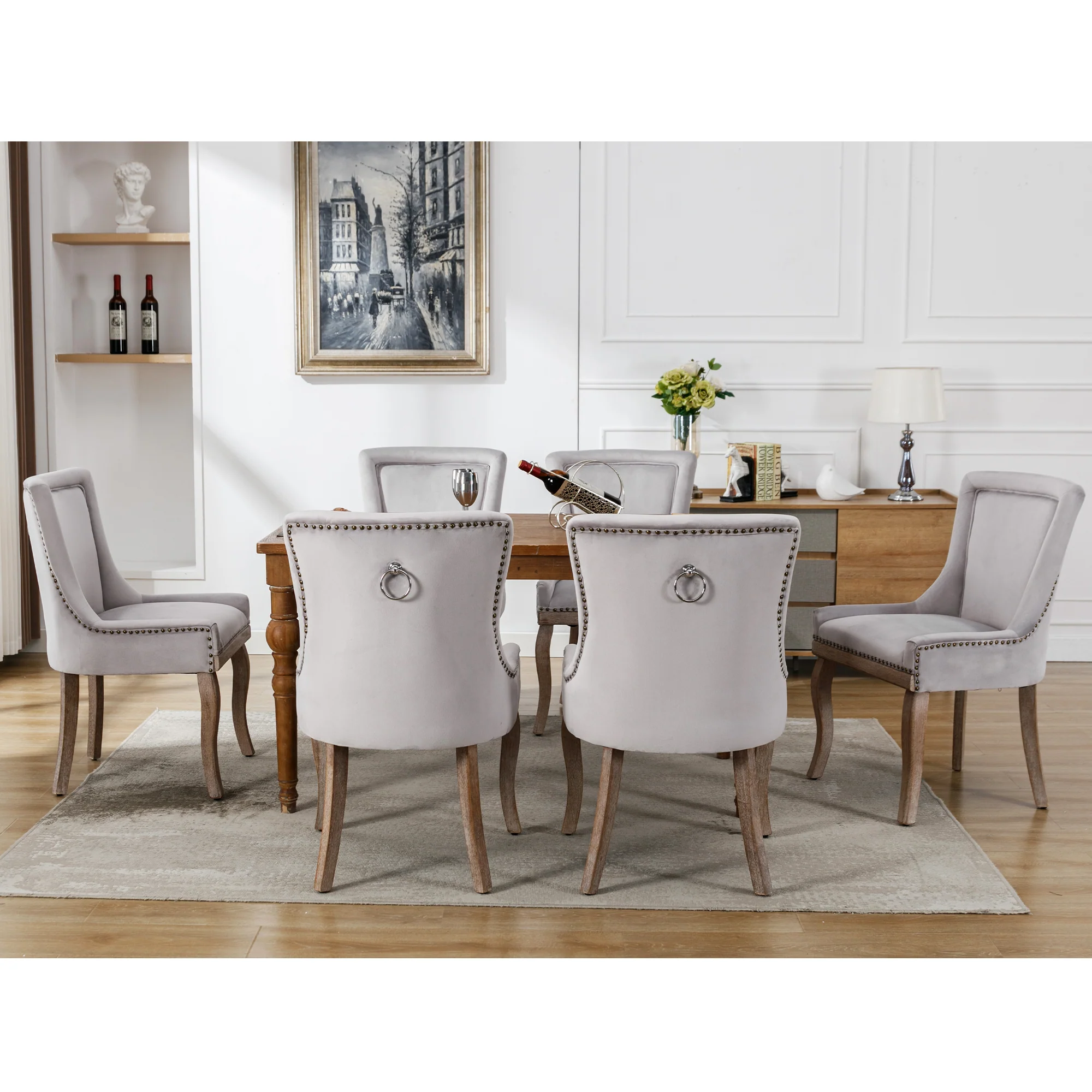 Dining Chair Set of 6 Upholstered Nailhead Trim Solid Wood Legs Grey Velvet - Image 3