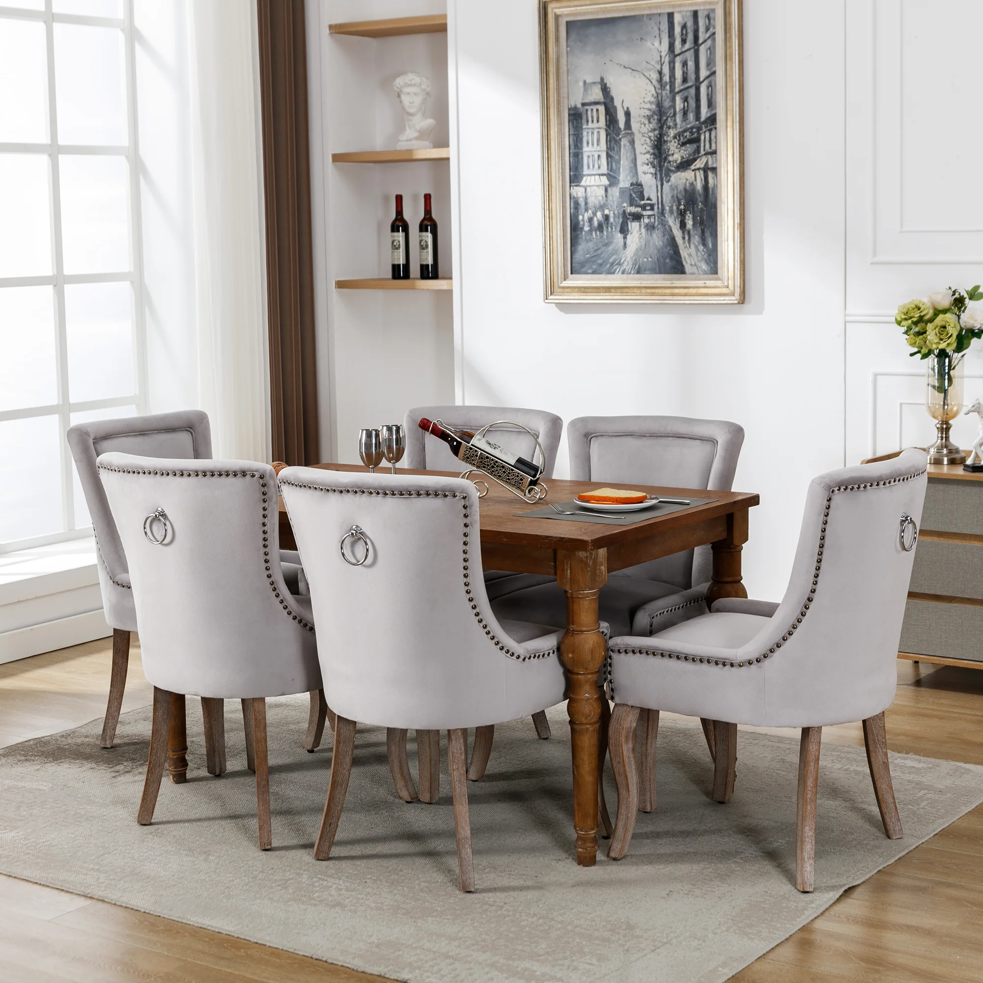 Dining Chair Set of 6 Upholstered Nailhead Trim Solid Wood Legs Grey Velvet - Image 4