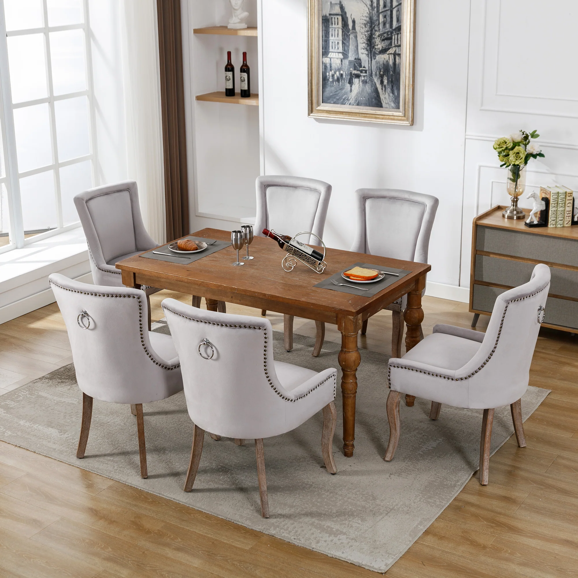 Dining Chair Set of 6 Upholstered Nailhead Trim Solid Wood Legs Grey Velvet - Image 5