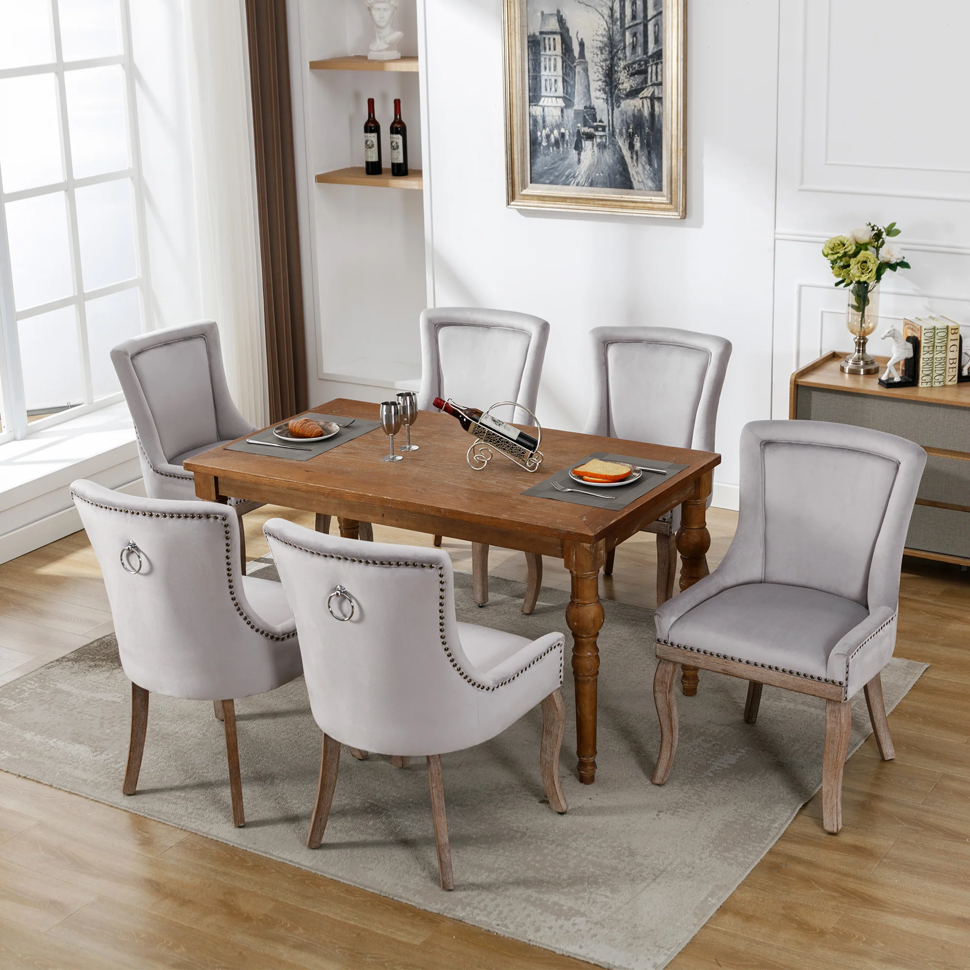 Dining Chair Set of 6 Upholstered Nailhead Trim Solid Wood Legs Grey Velvet - Image 6