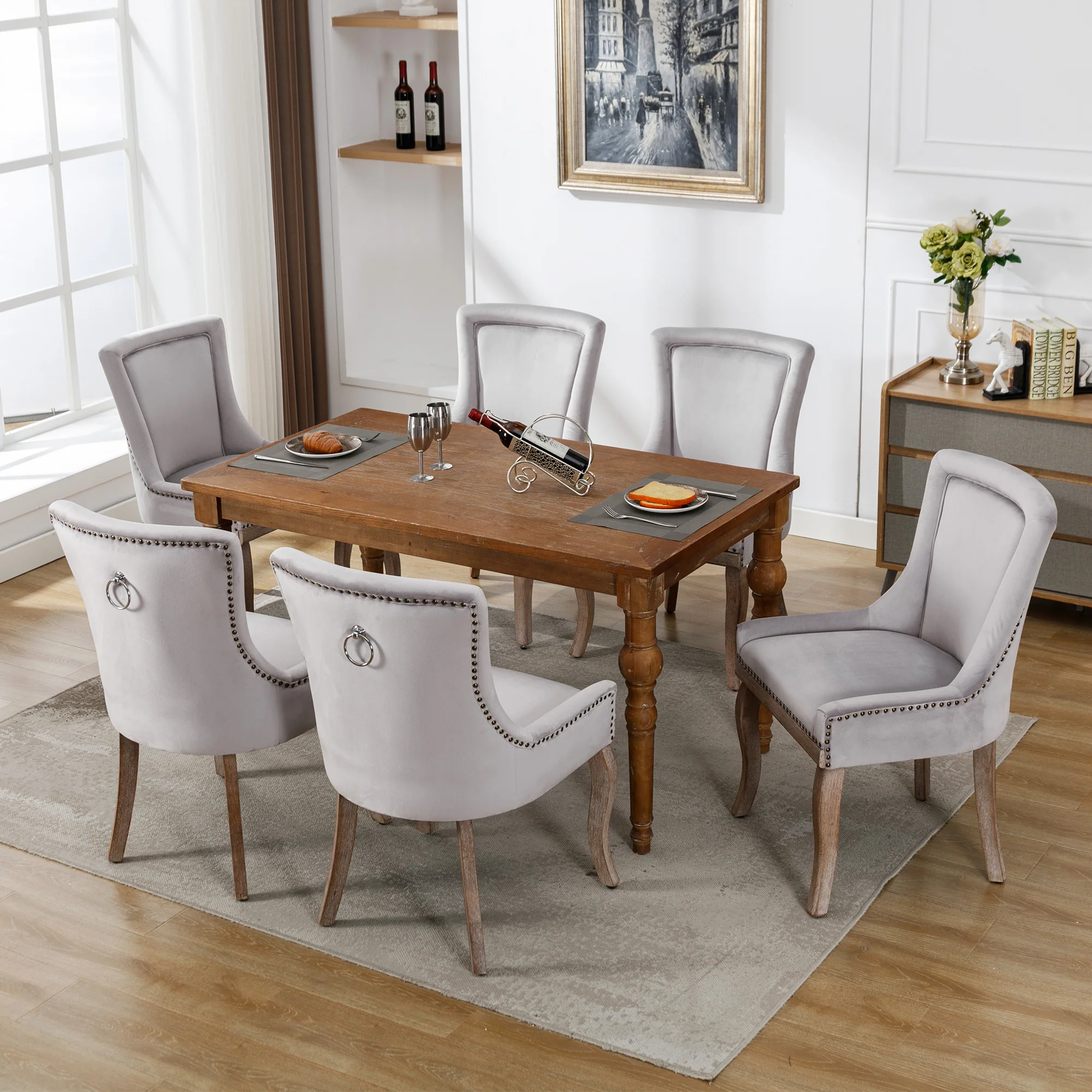 Dining Chair Set of 6 Upholstered Nailhead Trim Solid Wood Legs Grey Velvet - Image 7