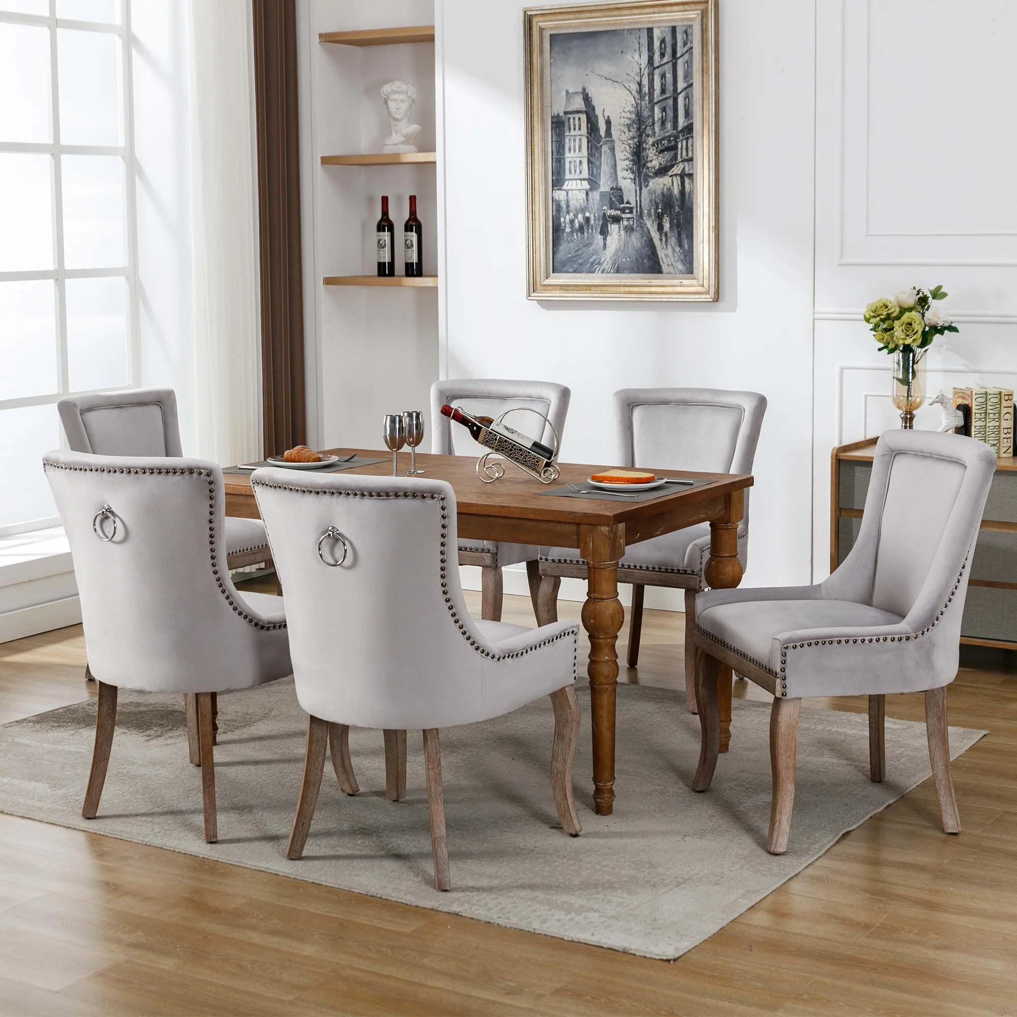 Dining Chair Set of 6 Upholstered Nailhead Trim Solid Wood Legs Grey Velvet - Image 8