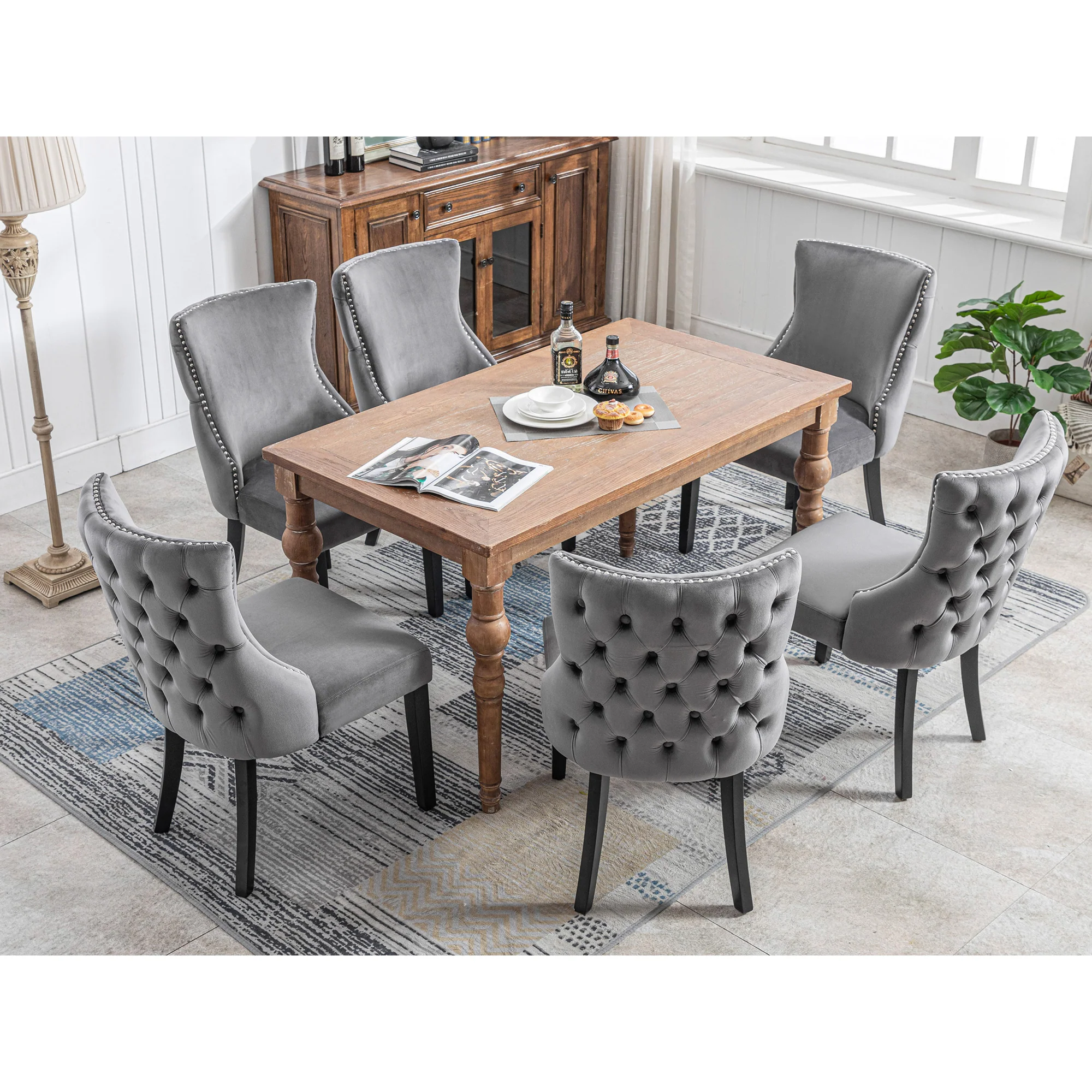 Dining Chair Set of 6 Velvet Button Tufting Solid Wood Frame Grey - Image 2
