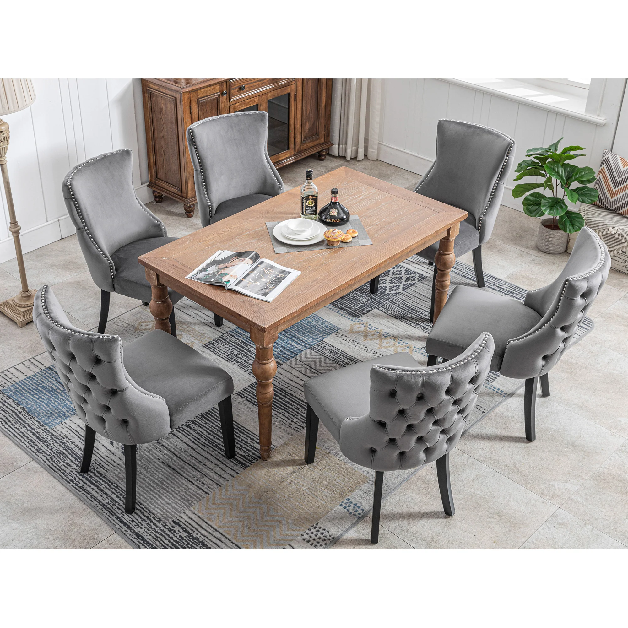 Dining Chair Set of 6 Velvet Button Tufting Solid Wood Frame Grey - Image 3
