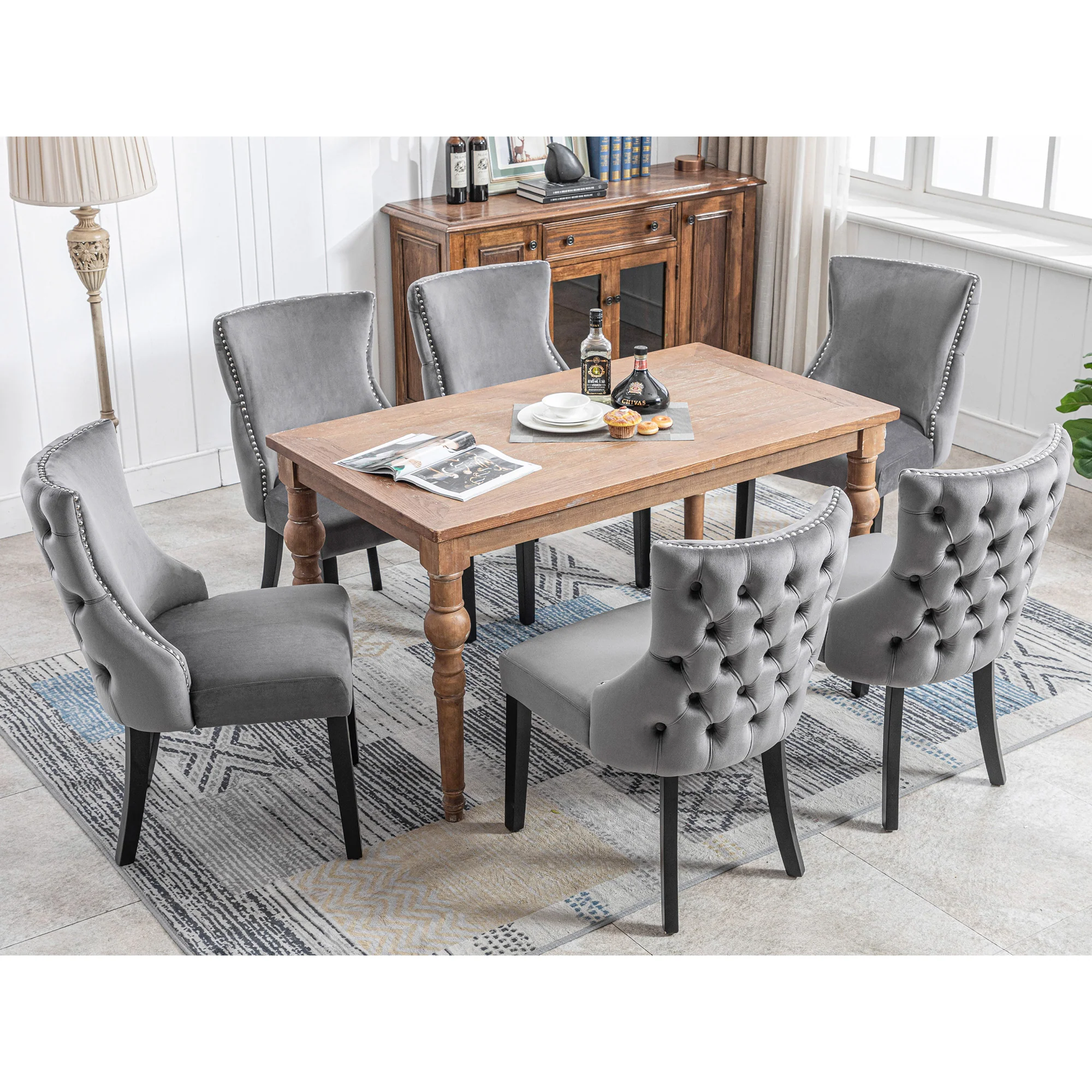 Dining Chair Set of 6 Velvet Button Tufting Solid Wood Frame Grey - Image 4