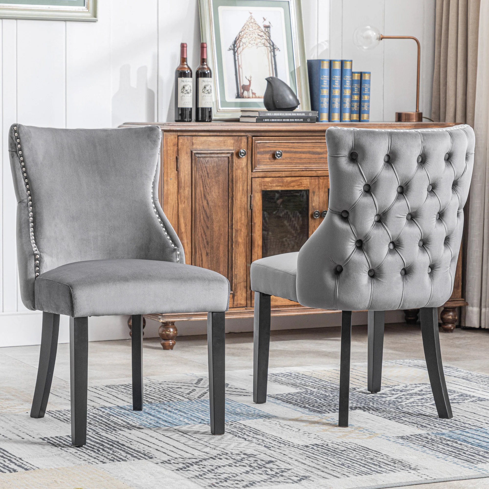 Dining Chair Set of 6 Velvet Button Tufting Solid Wood Frame Grey - Image 5