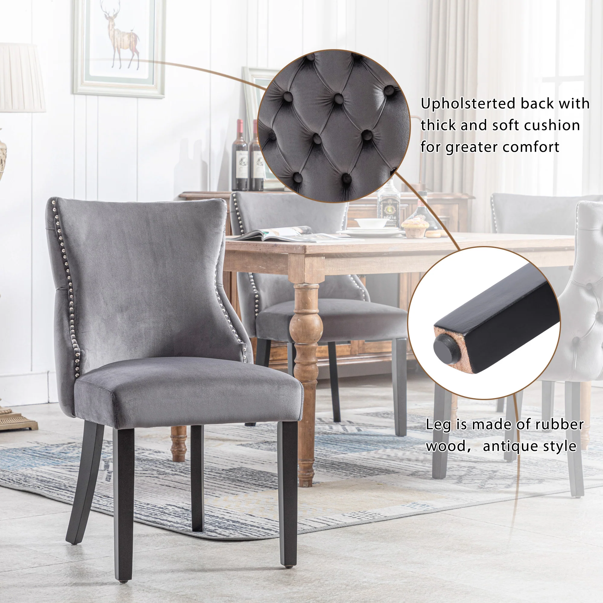 Dining Chair Set of 6 Velvet Button Tufting Solid Wood Frame Grey - Image 6