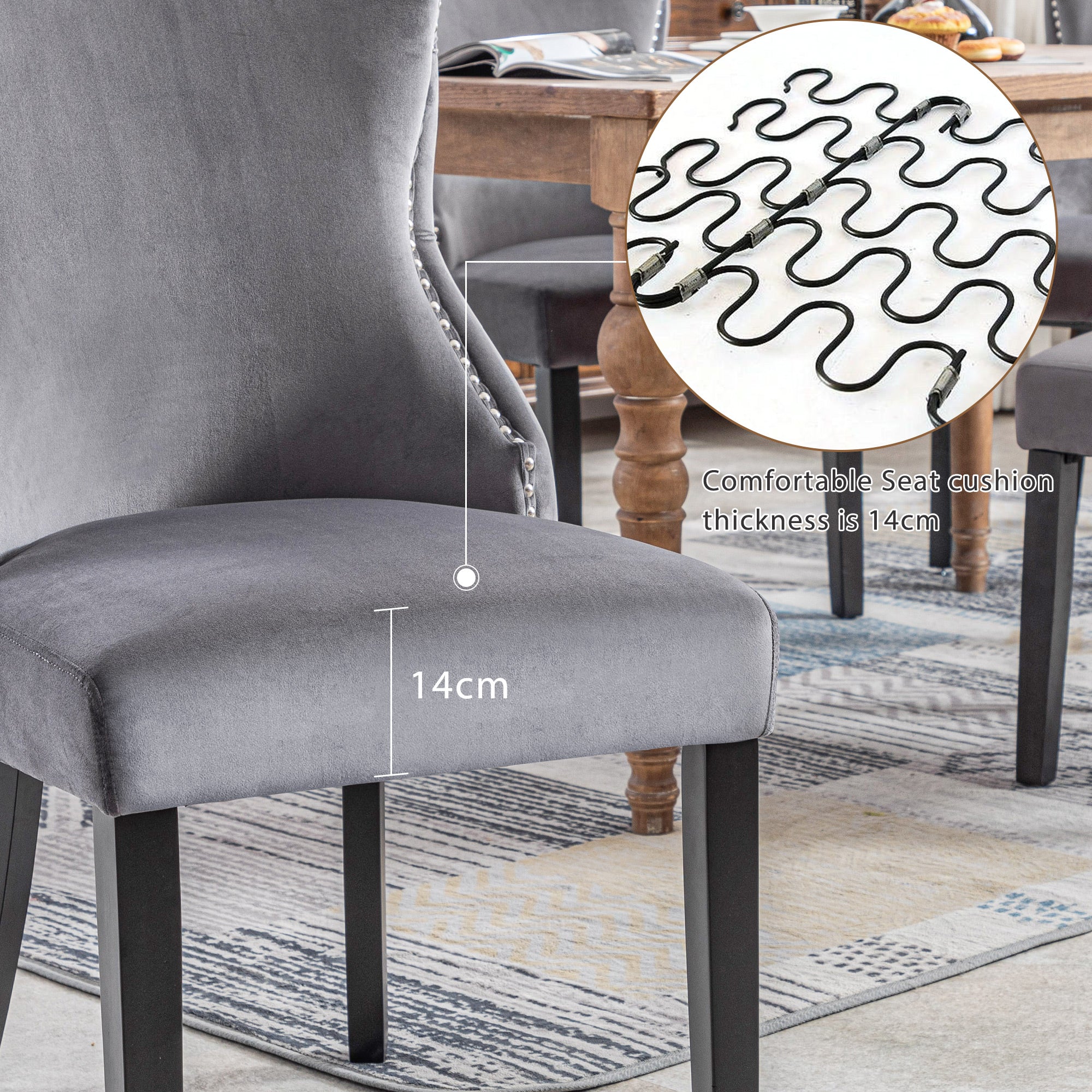Dining Chair Set of 6 Velvet Button Tufting Solid Wood Frame Grey - Image 7