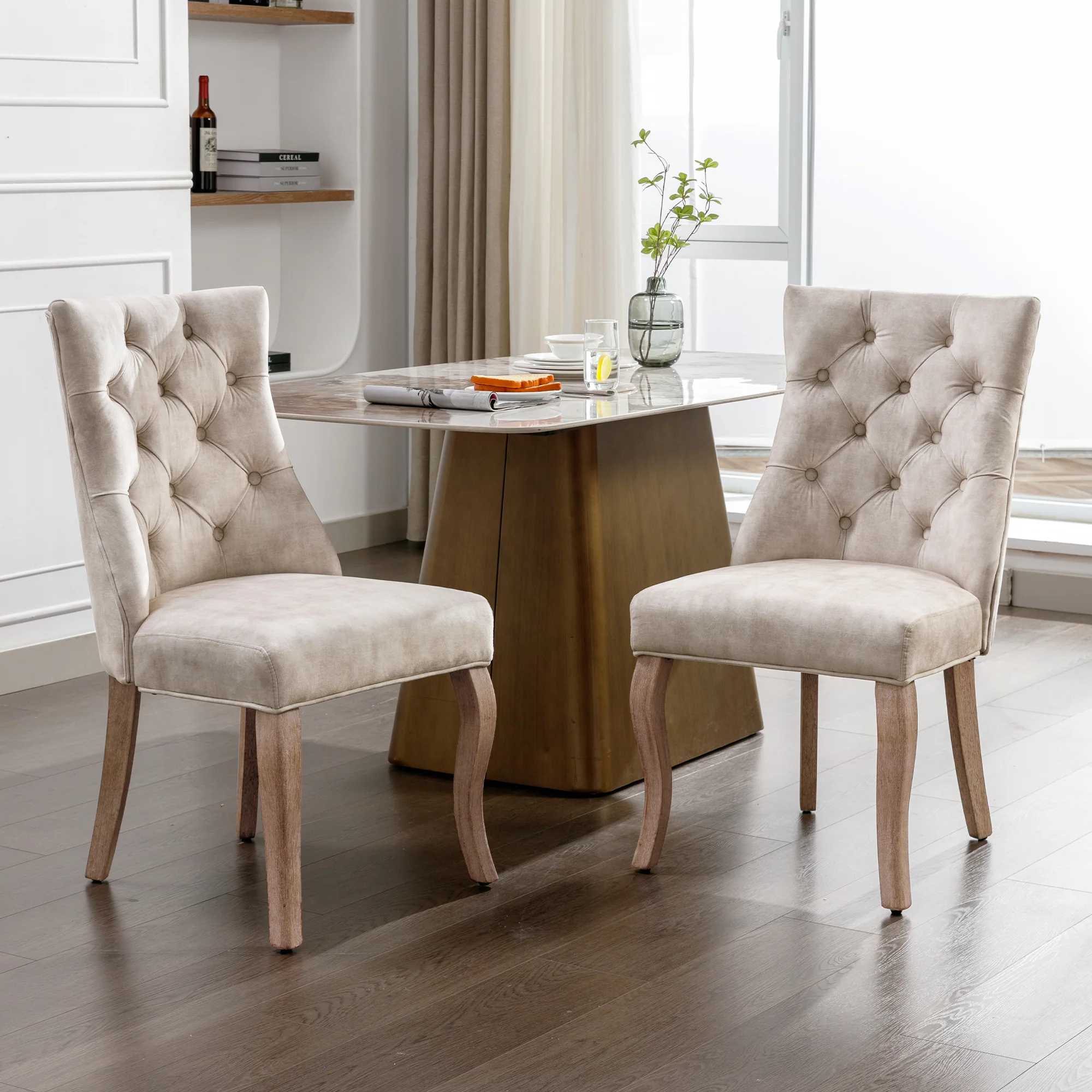 Dining Chair Set (Set of 2) High Backrest Button Tufting Solid Wood Frame Light Beige Velvet