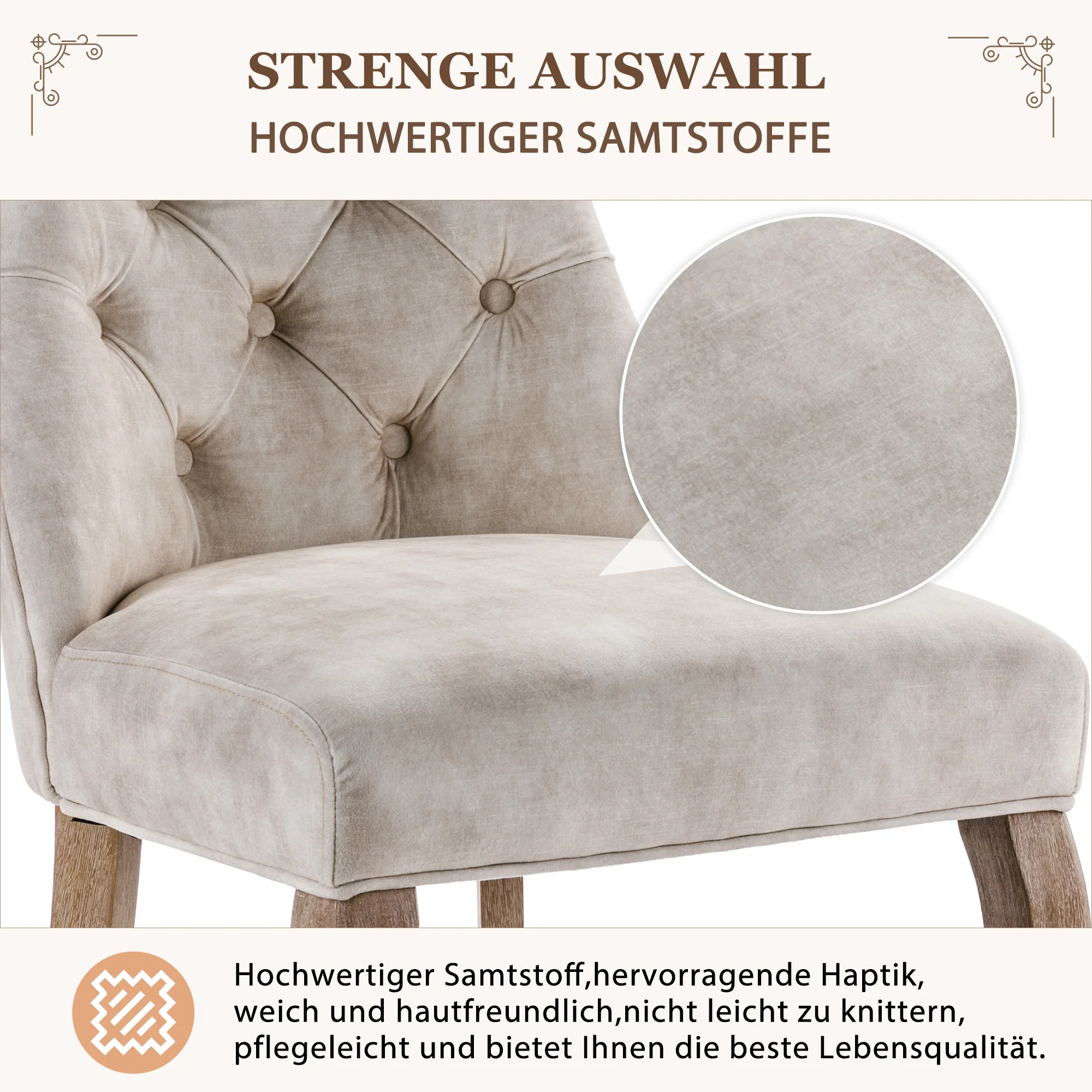 Dining Chair Set (Set of 2) High Backrest Button Tufting Solid Wood Frame Light Beige Velvet - Image 7