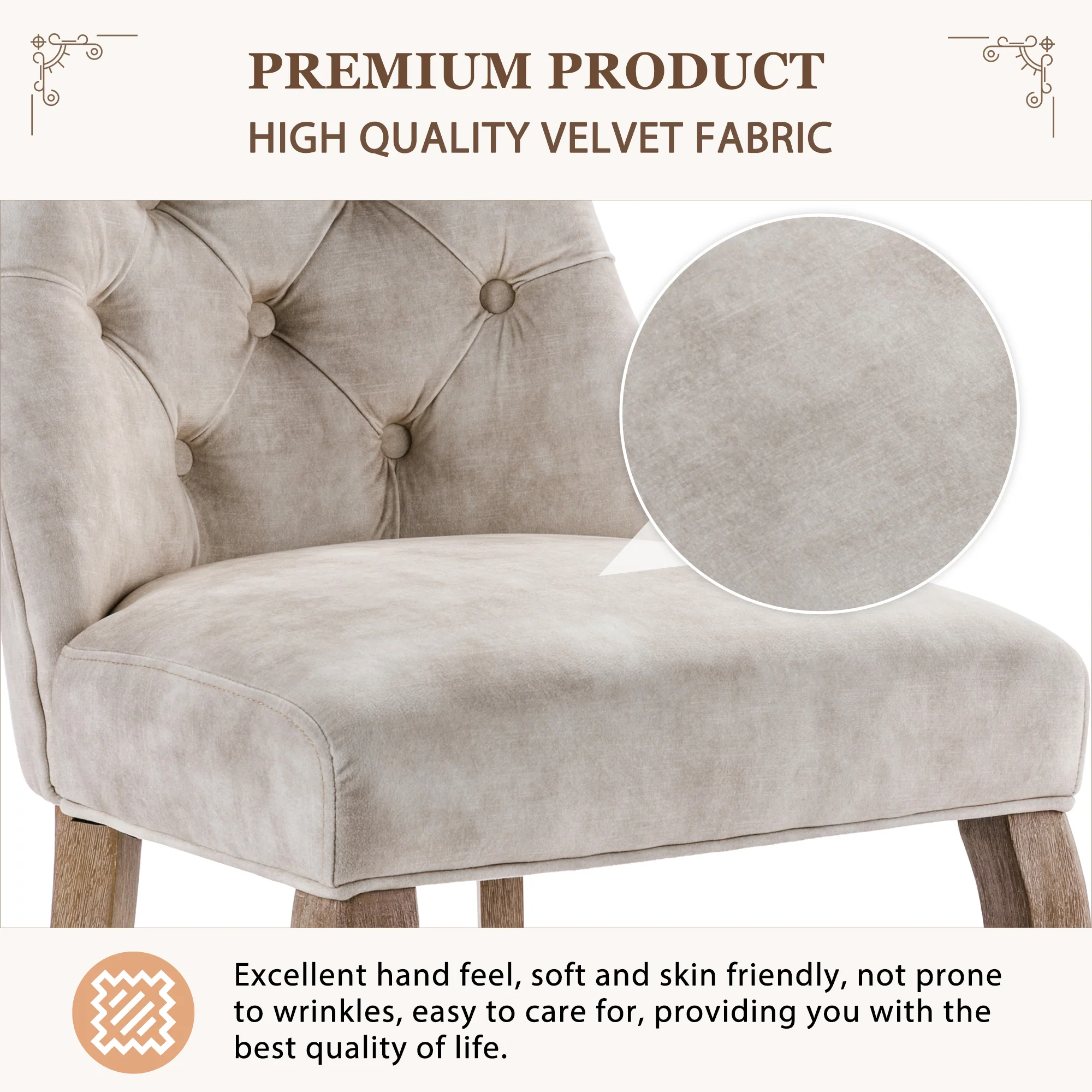 Dining Chair Set (Set of 2) High Backrest Button Tufting Solid Wood Frame Light Beige Velvet - Image 8
