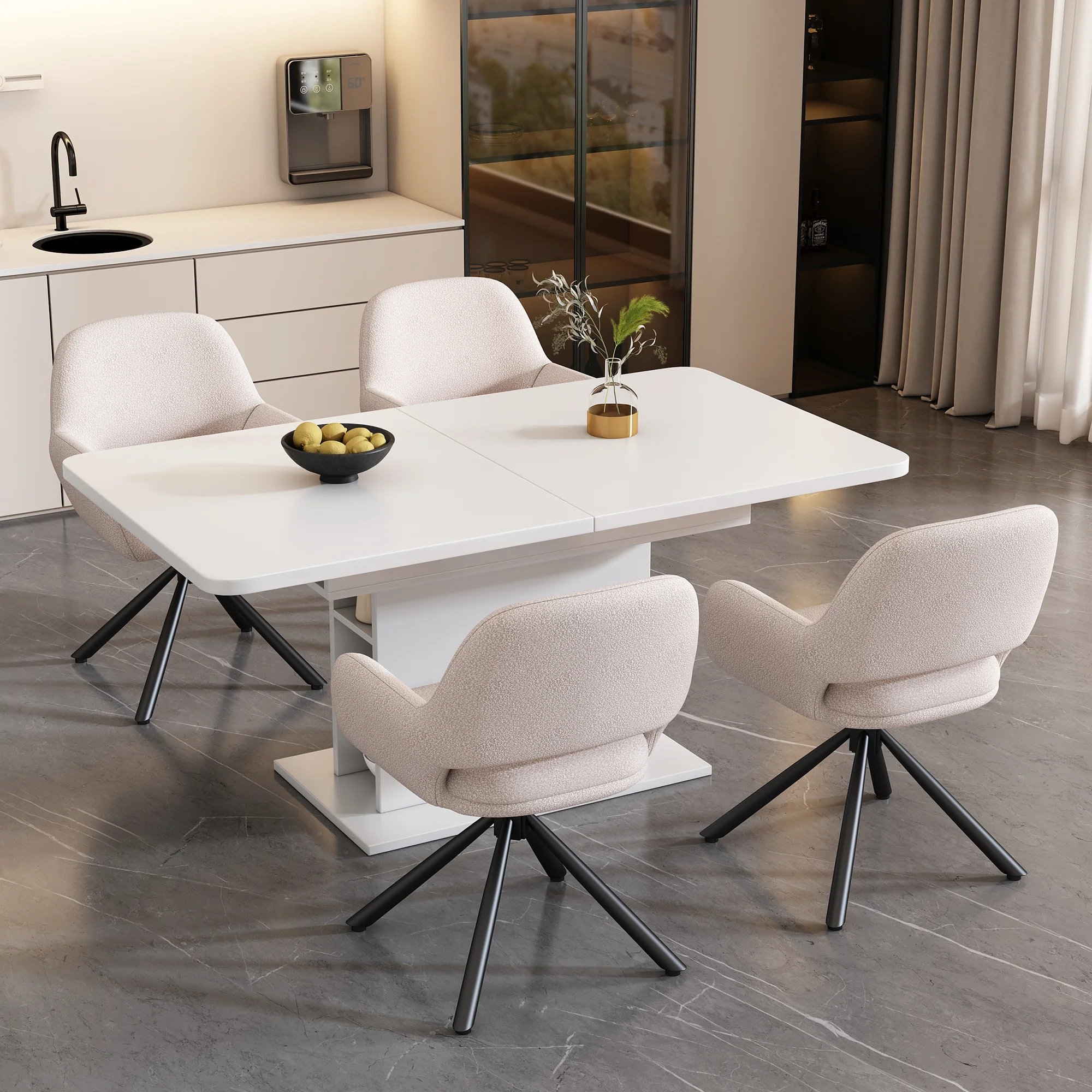Dining Chair Swivel Set of 4 with Handrails - Sherpa White - Image 2