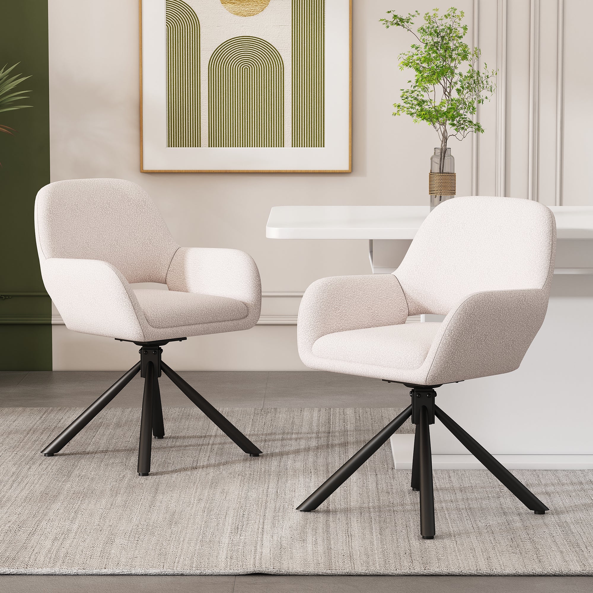 Dining Chair Swivel Set of 4 with Handrails - Sherpa White - Image 3