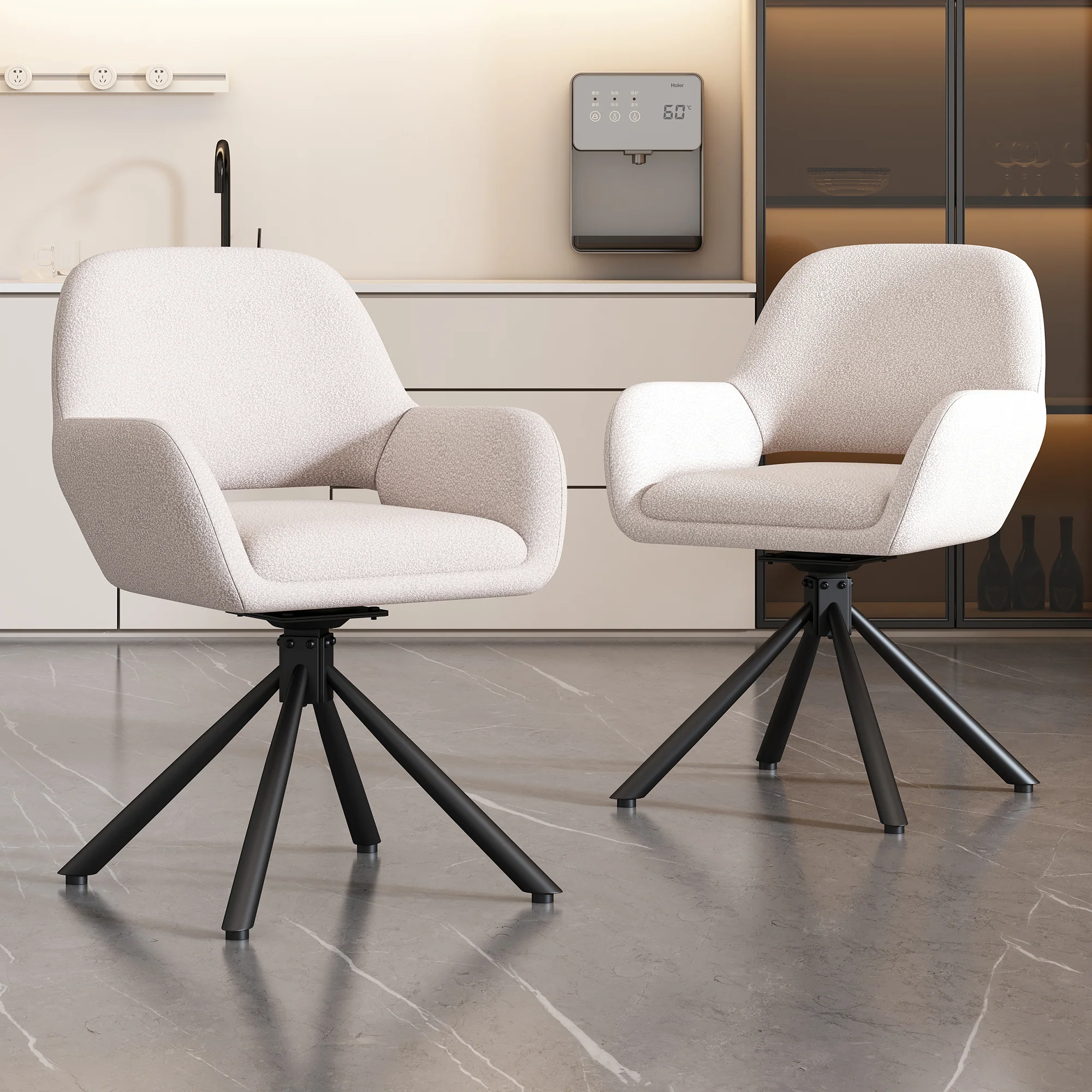 Dining Chair Swivel Set of 4 with Handrails - Sherpa White - Image 4